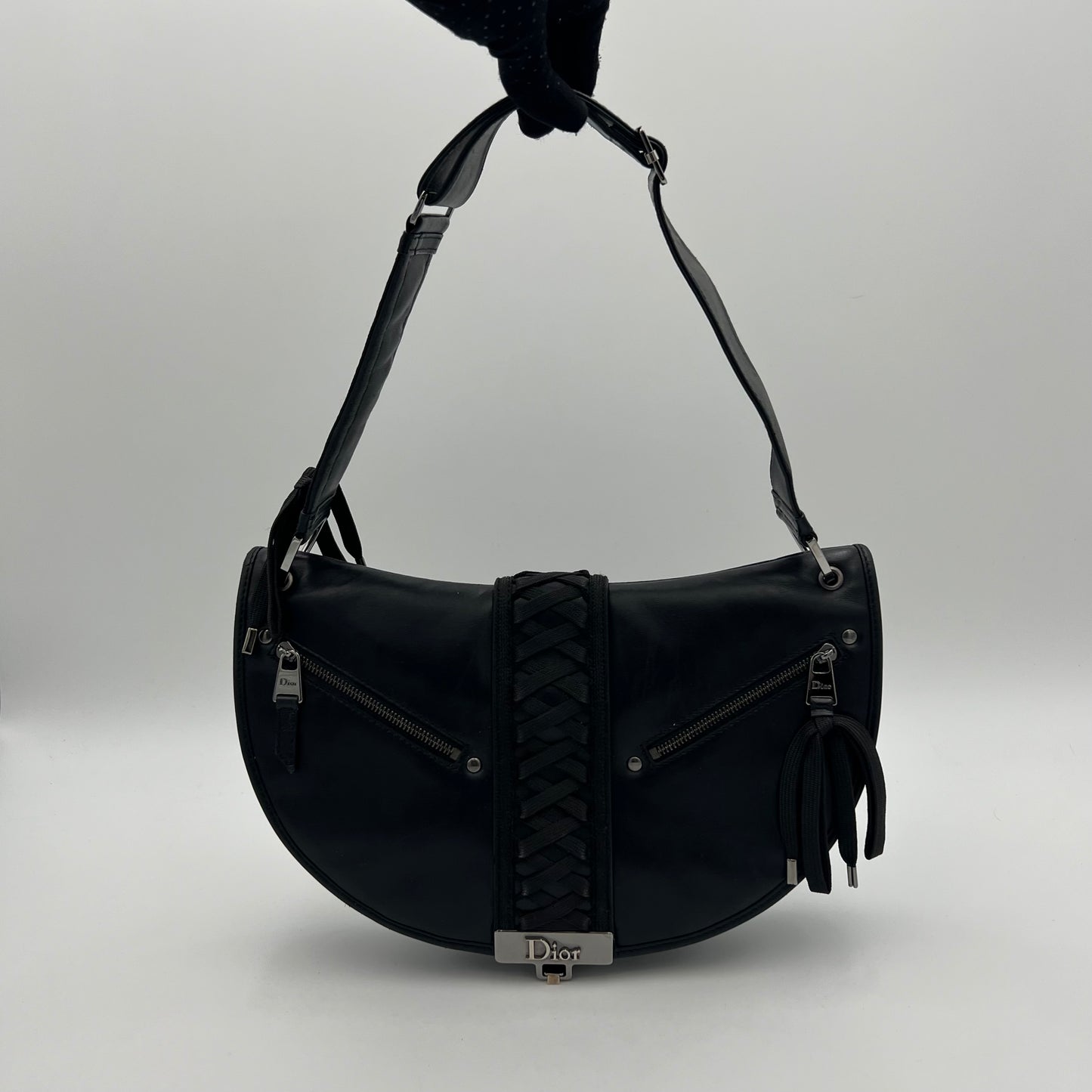 Christian Dior Black Leather Admit It Lune Corset Lace-Up Shoulder Bag