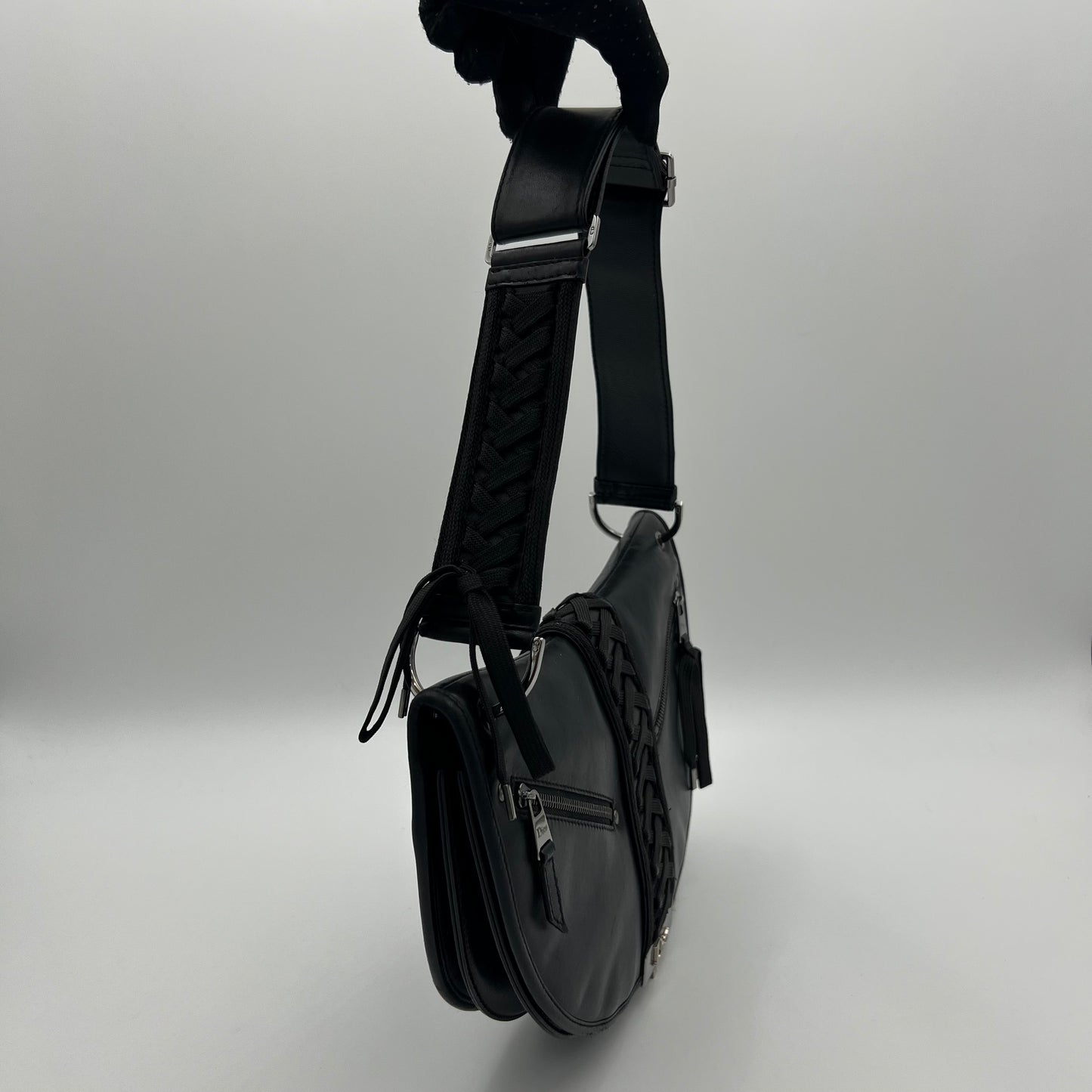 Christian Dior Black Leather Admit It Lune Corset Lace-Up Shoulder Bag