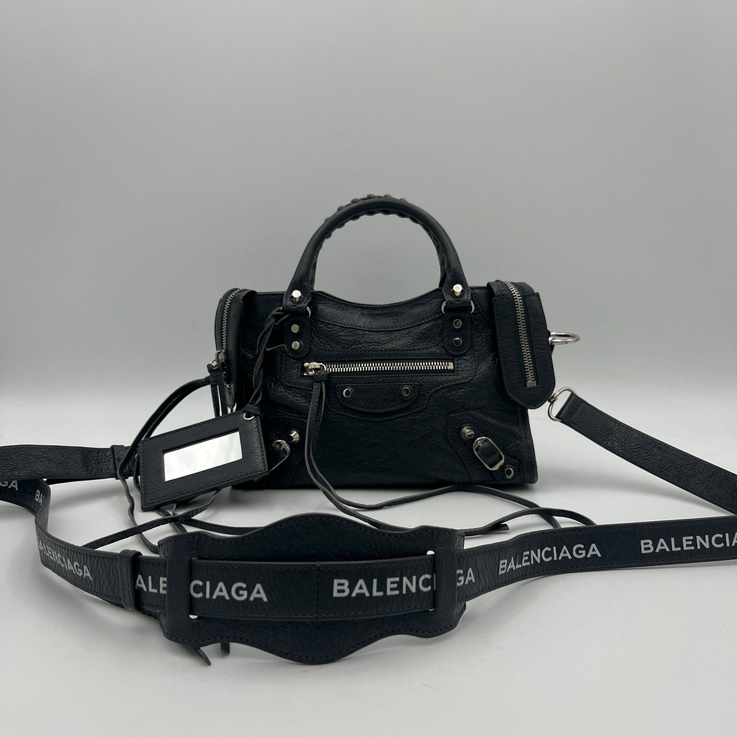 Balenciaga Dark Gray Leather Metallic Hardware Mini City SHW