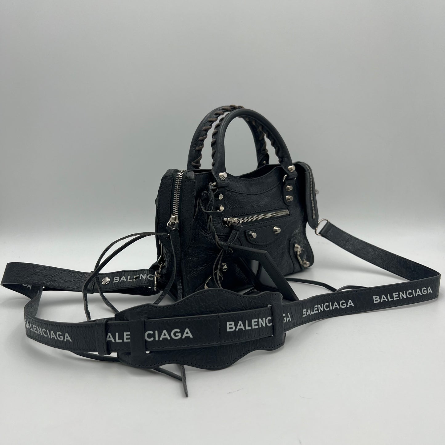Balenciaga Dark Gray Leather Metallic Hardware Mini City SHW