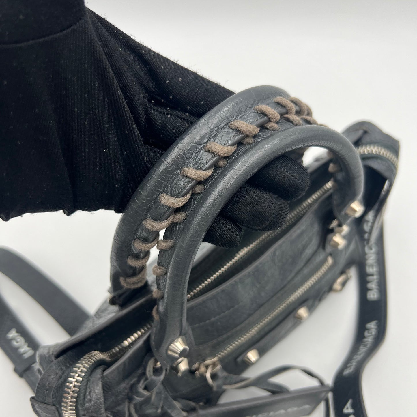 Balenciaga Dark Gray Leather Metallic Hardware Mini City SHW