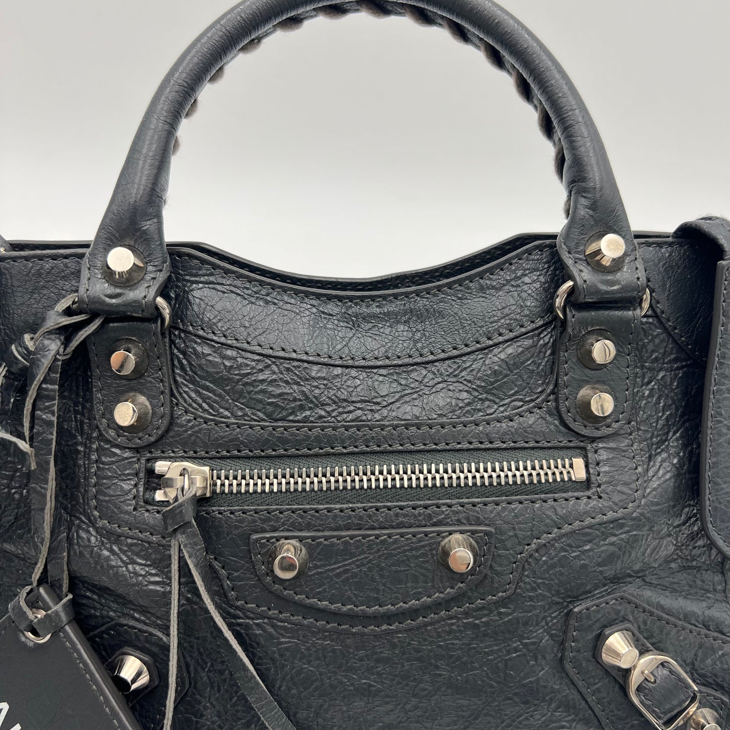 Balenciaga Dark Gray Leather Metallic Hardware Mini City SHW