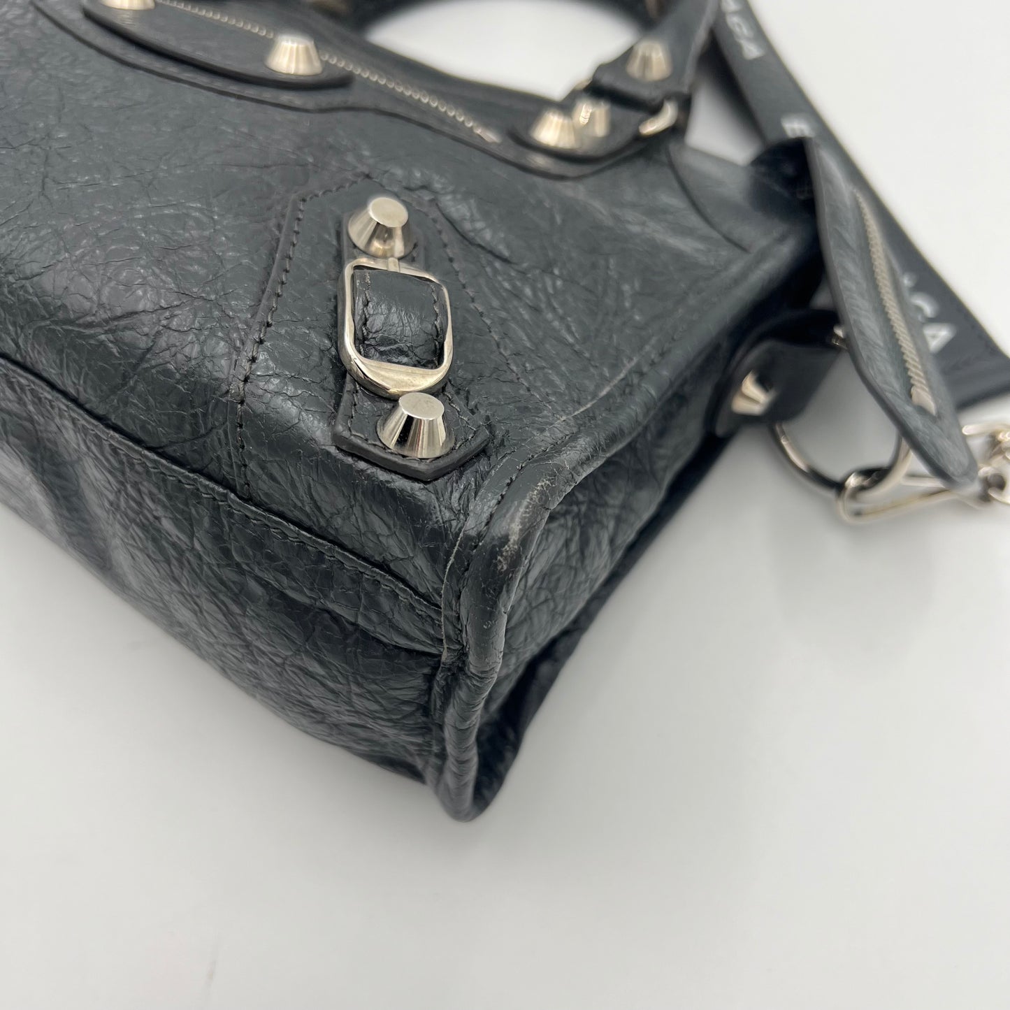 Balenciaga Dark Gray Leather Metallic Hardware Mini City SHW