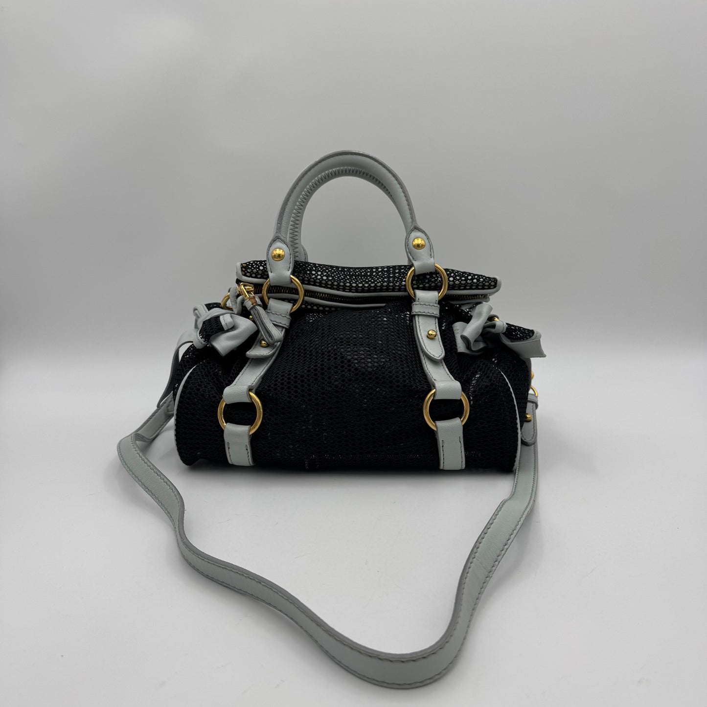 Miu Miu Black Mesh Light Blue Leather Bow Flap Small Satchel with Long Strap GHW