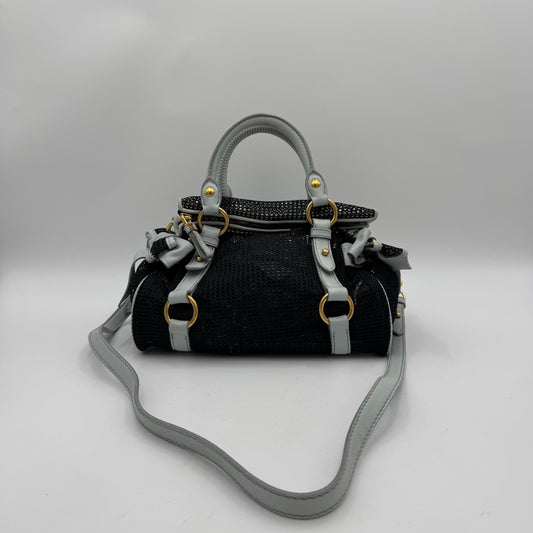 Miu Miu Black Mesh Light Blue Leather Bow Flap Small Satchel with Long Strap GHW
