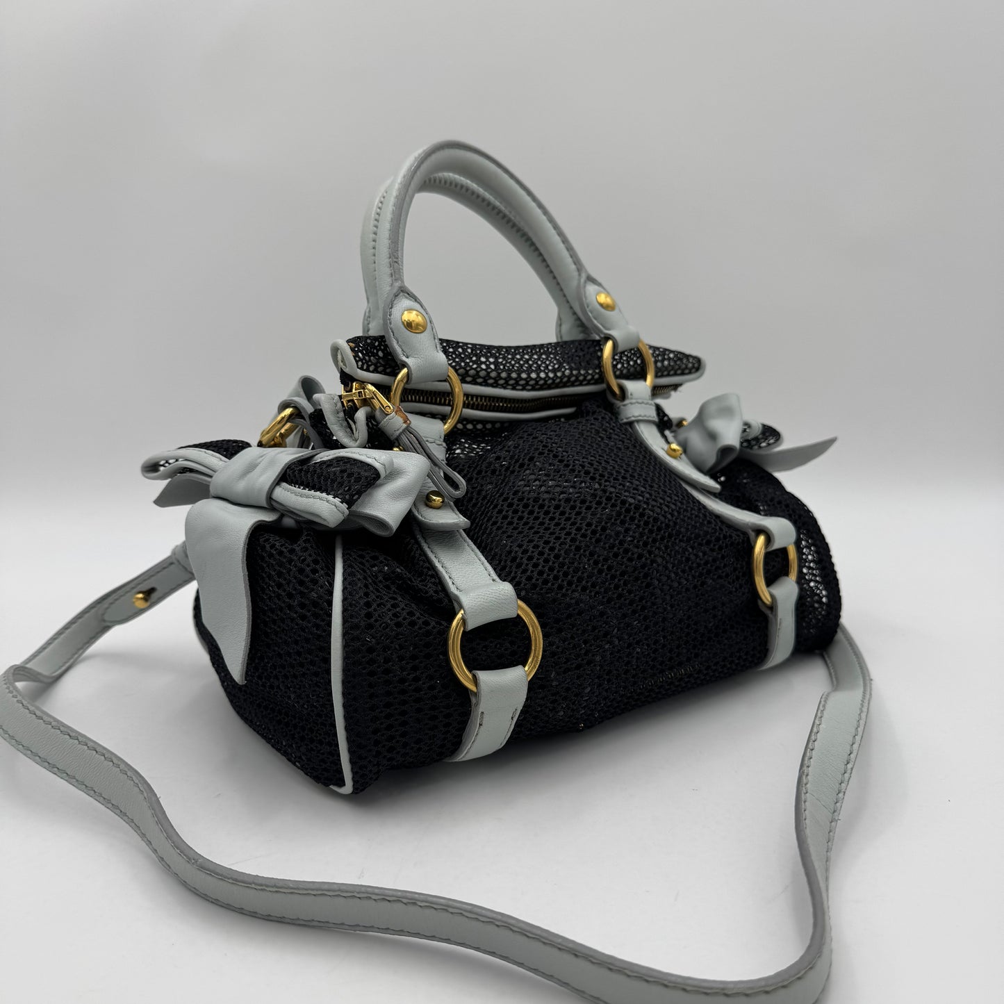 Miu Miu Black Mesh Light Blue Leather Bow Flap Small Satchel with Long Strap GHW