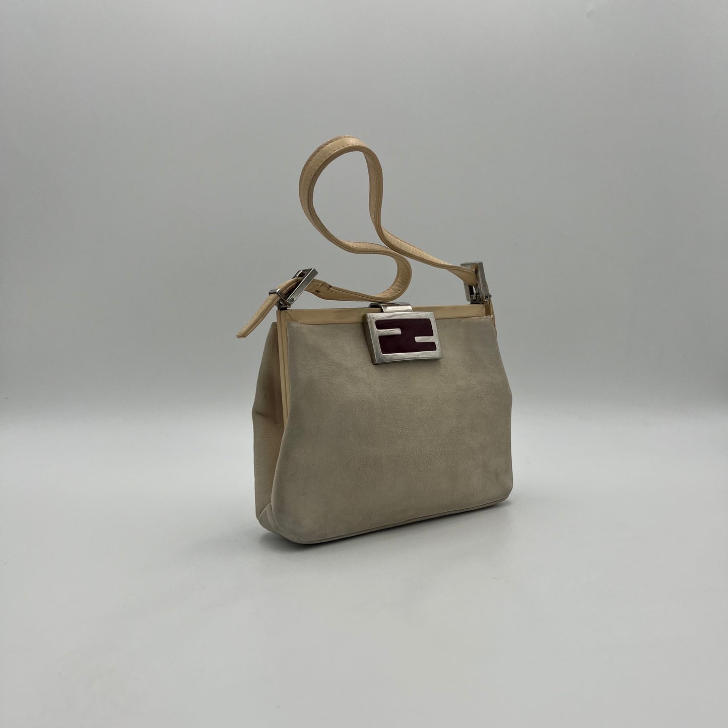 Fendi White Suede Cream Leather Red FF Shoulder Bag