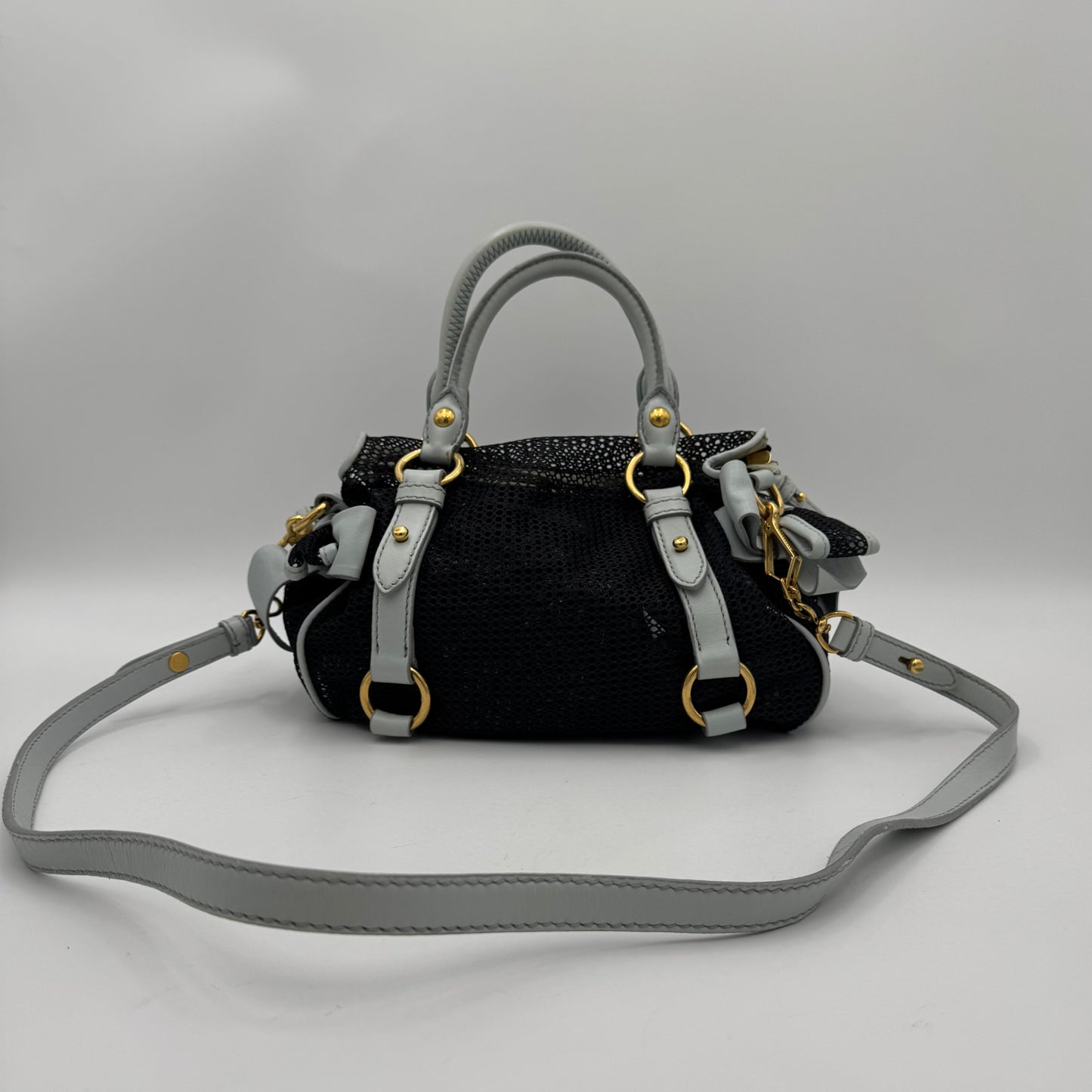 Miu Miu Black Mesh Light Blue Leather Bow Flap Small Satchel with Long Strap GHW
