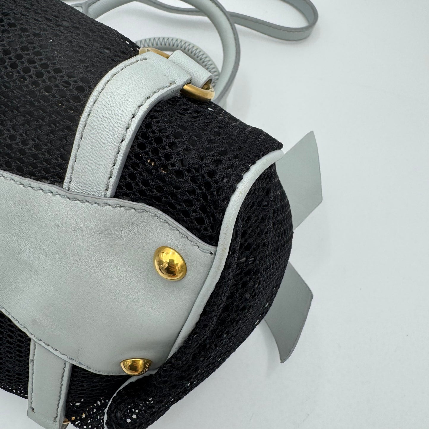 Miu Miu Black Mesh Light Blue Leather Bow Flap Small Satchel with Long Strap GHW