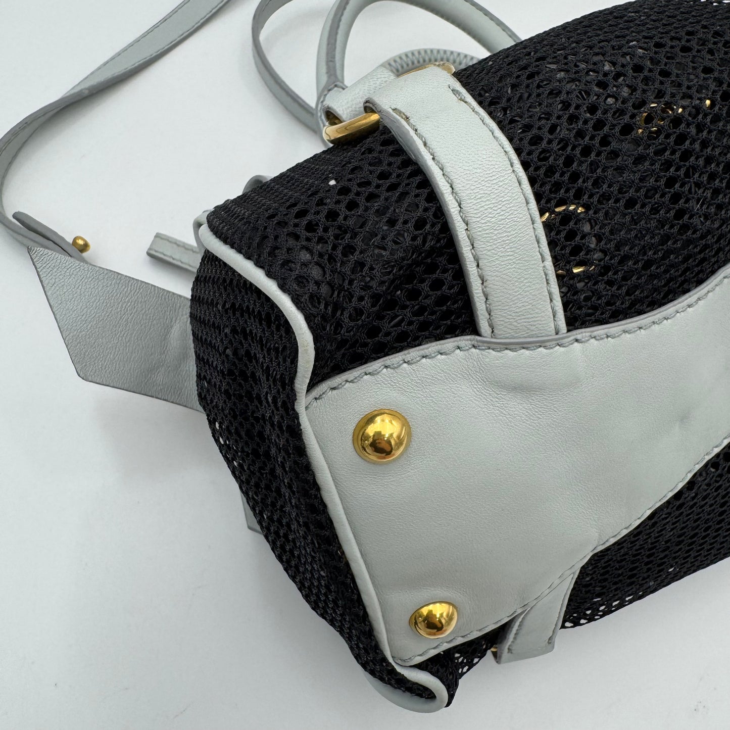 Miu Miu Black Mesh Light Blue Leather Bow Flap Small Satchel with Long Strap GHW