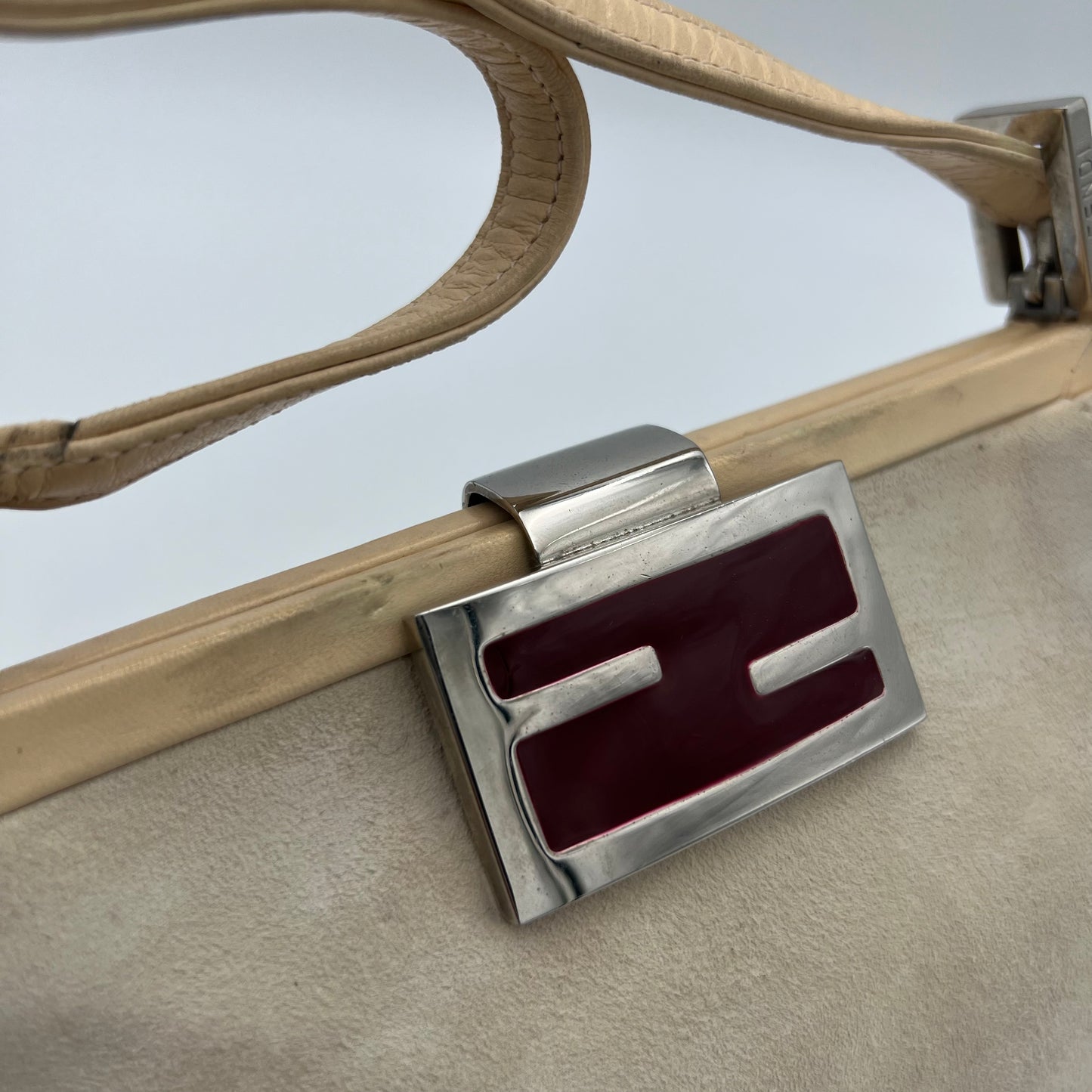 Fendi White Suede Cream Leather Red FF Shoulder Bag