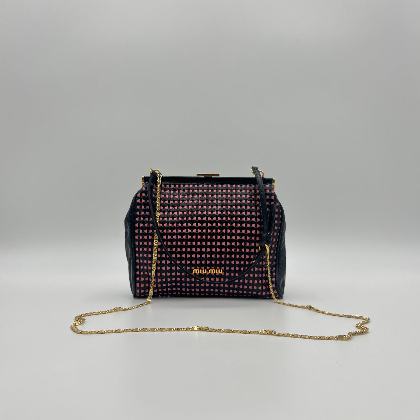 Miu Miu Vintage Black Pink Braided Leather Kisslock Handbag