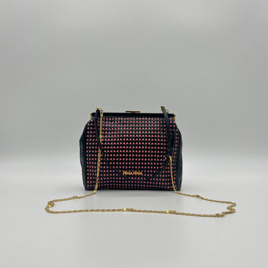 Miu Miu Vintage Black Pink Braided Leather Kisslock Handbag