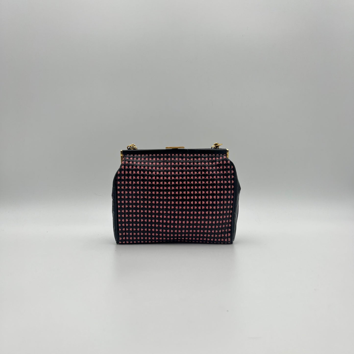 Miu Miu Vintage Black Pink Braided Leather Kisslock Handbag