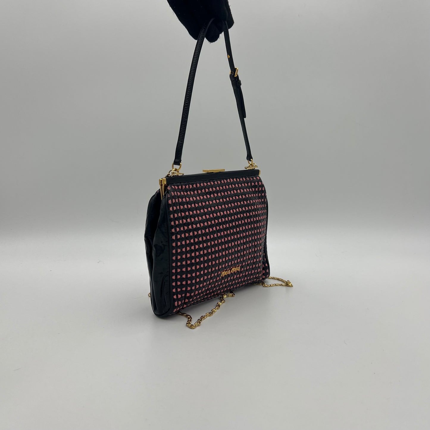 Miu Miu Vintage Black Pink Braided Leather Kisslock Handbag