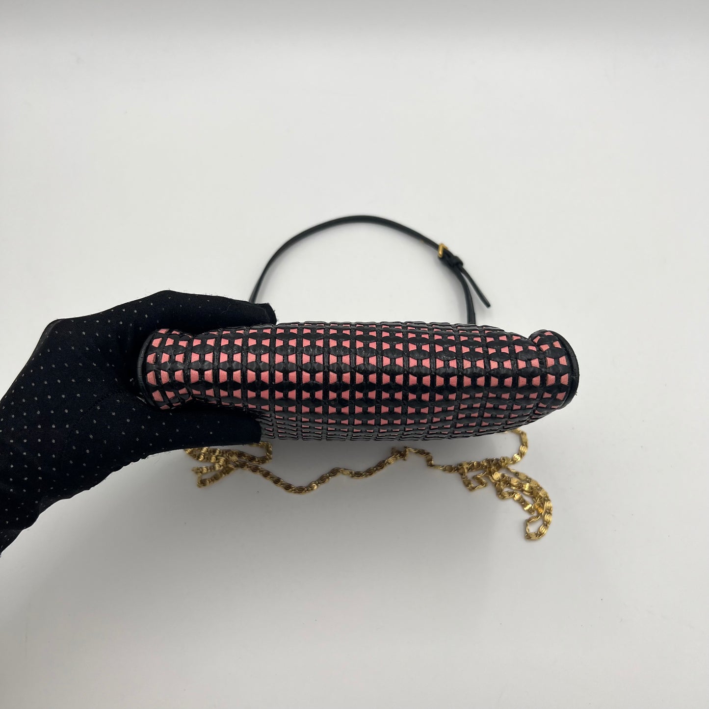 Miu Miu Vintage Black Pink Braided Leather Kisslock Handbag