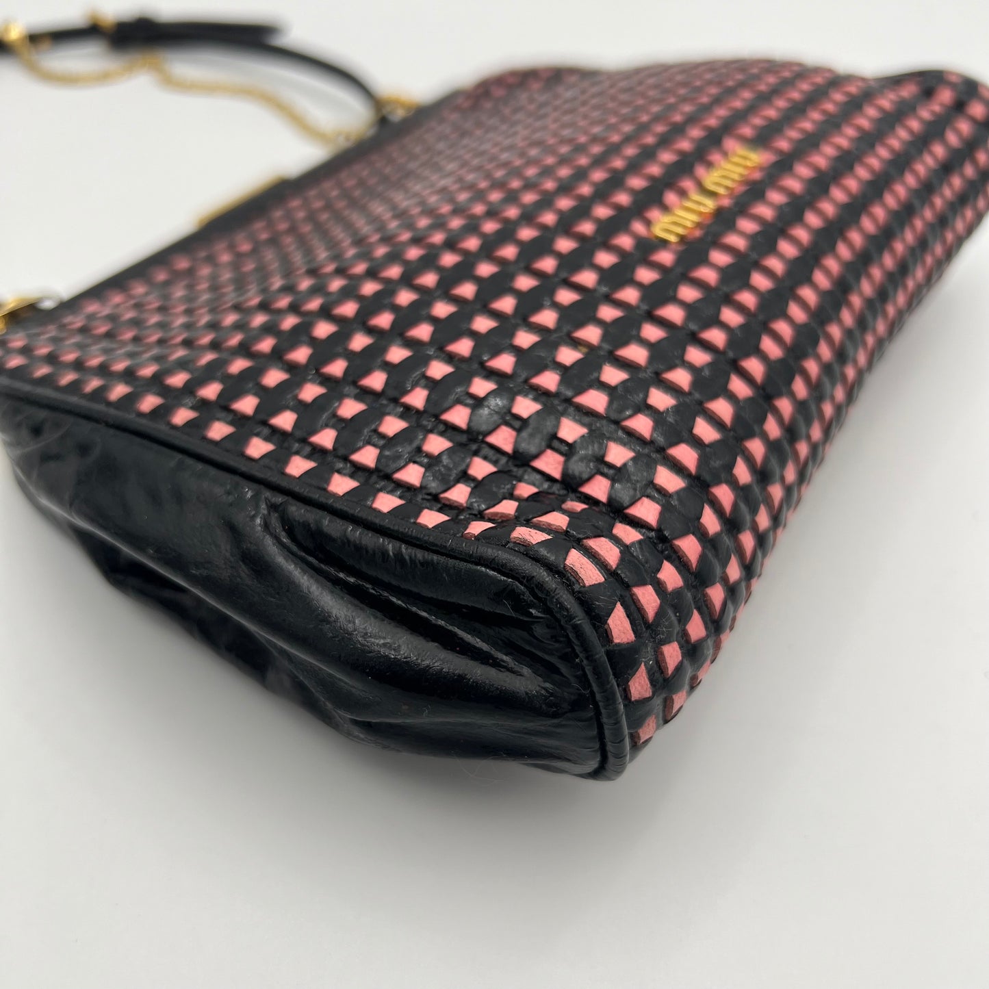 Miu Miu Vintage Black Pink Braided Leather Kisslock Handbag