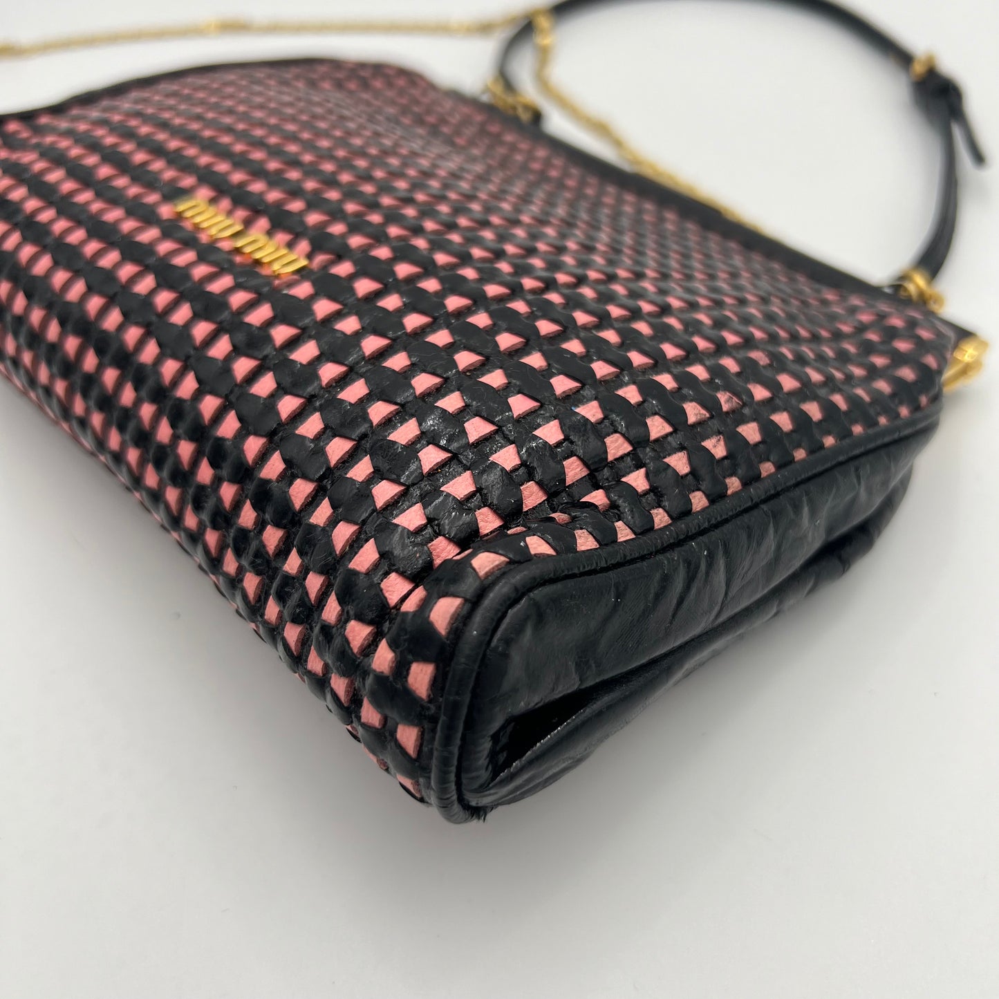 Miu Miu Vintage Black Pink Braided Leather Kisslock Handbag
