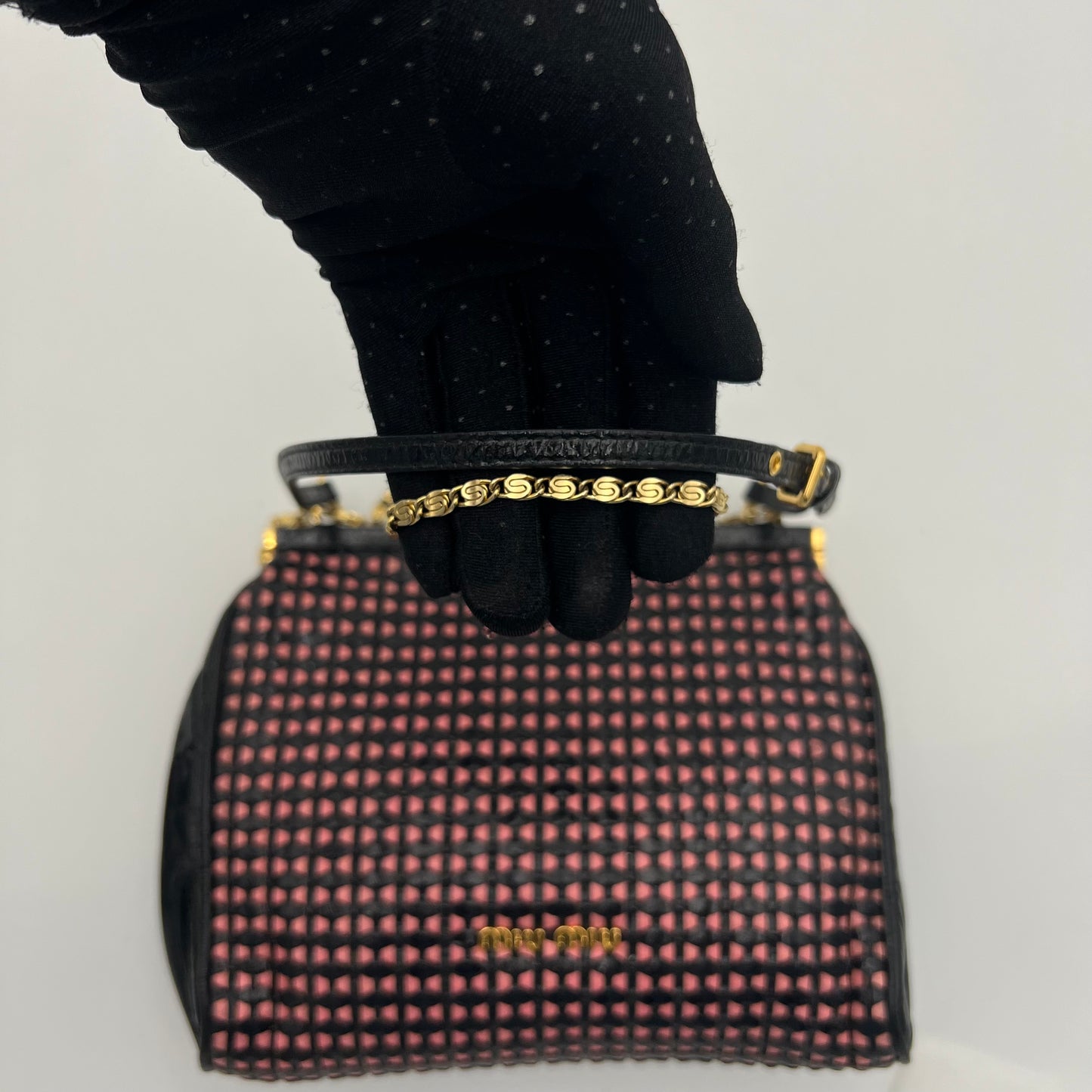 Miu Miu Vintage Black Pink Braided Leather Kisslock Handbag