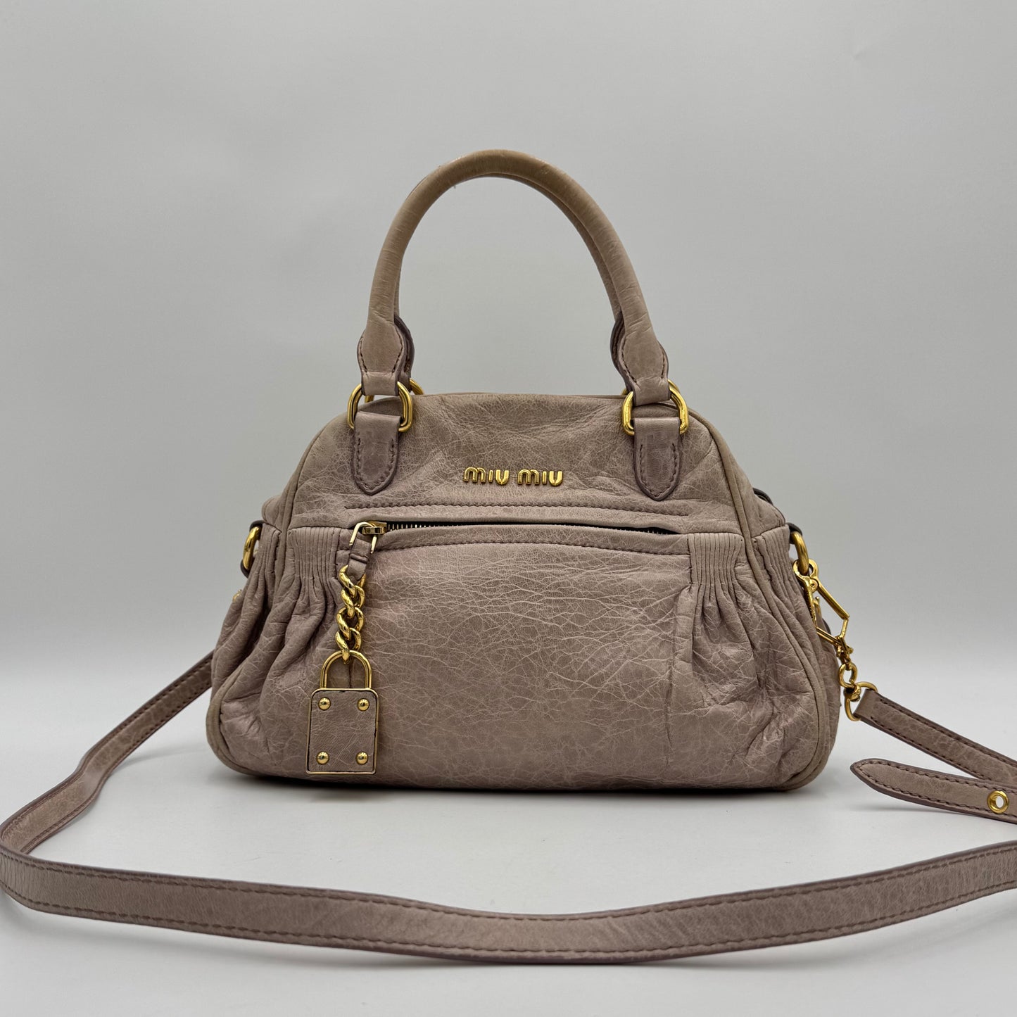 Miu Miu Mughetto Pink Vitello Lux Leather Lock Charm Small Satchel