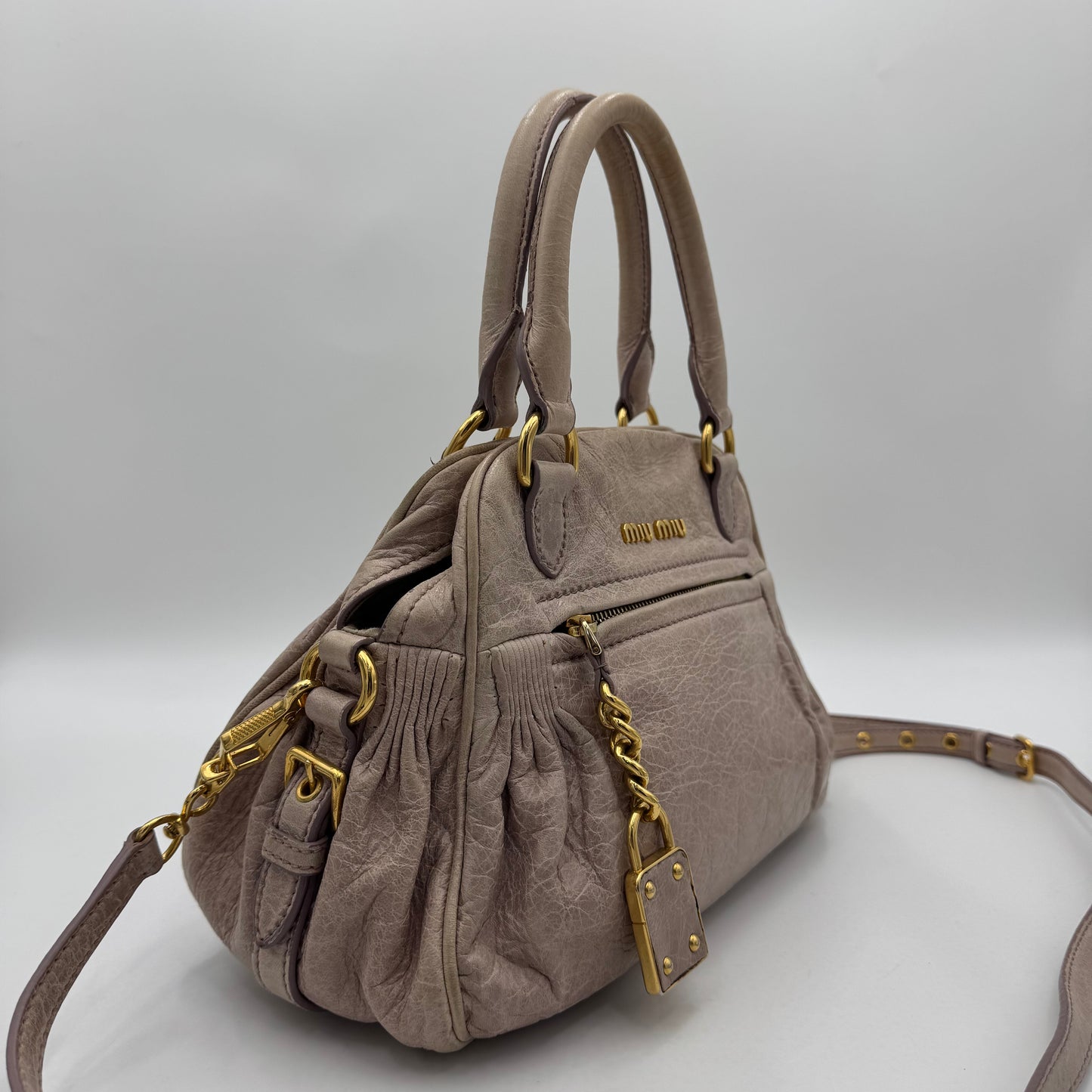 Miu Miu Mughetto Pink Vitello Lux Leather Lock Charm Small Satchel