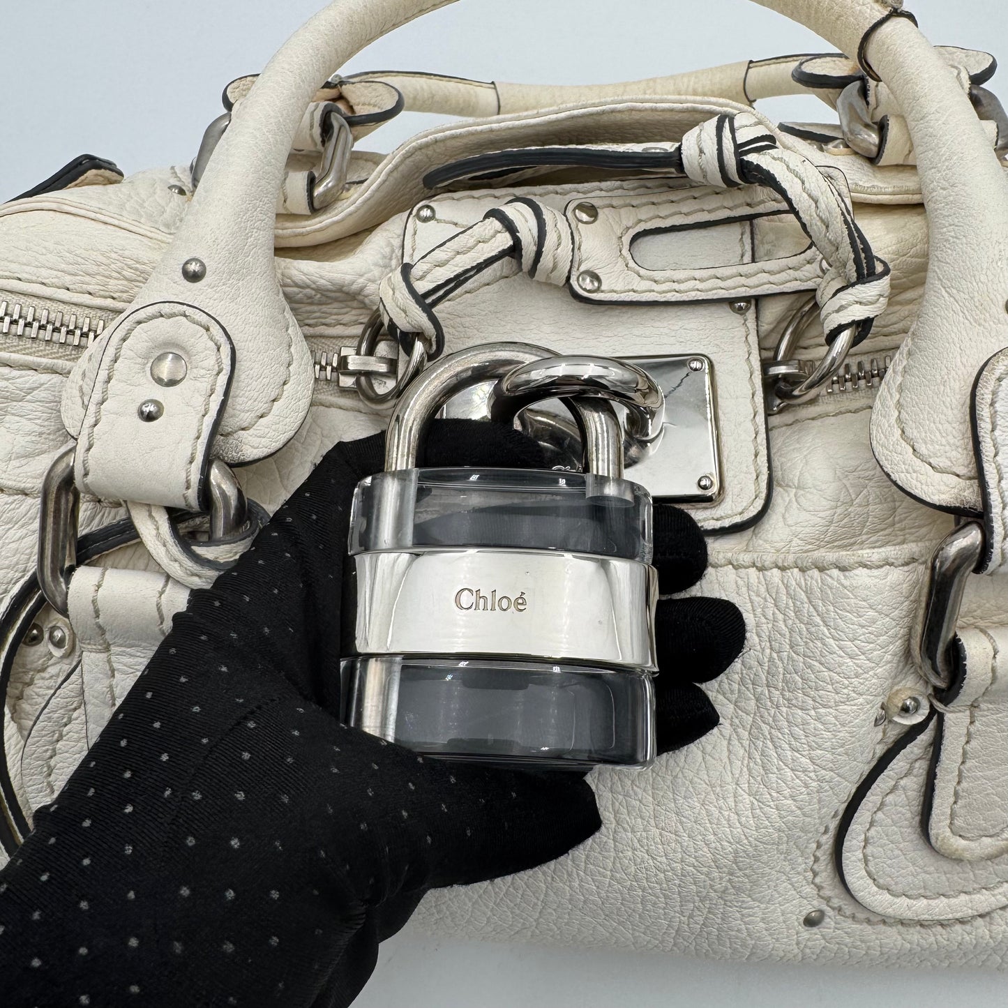 Chloe White Leather Acrylic Padlock Paddington SHW