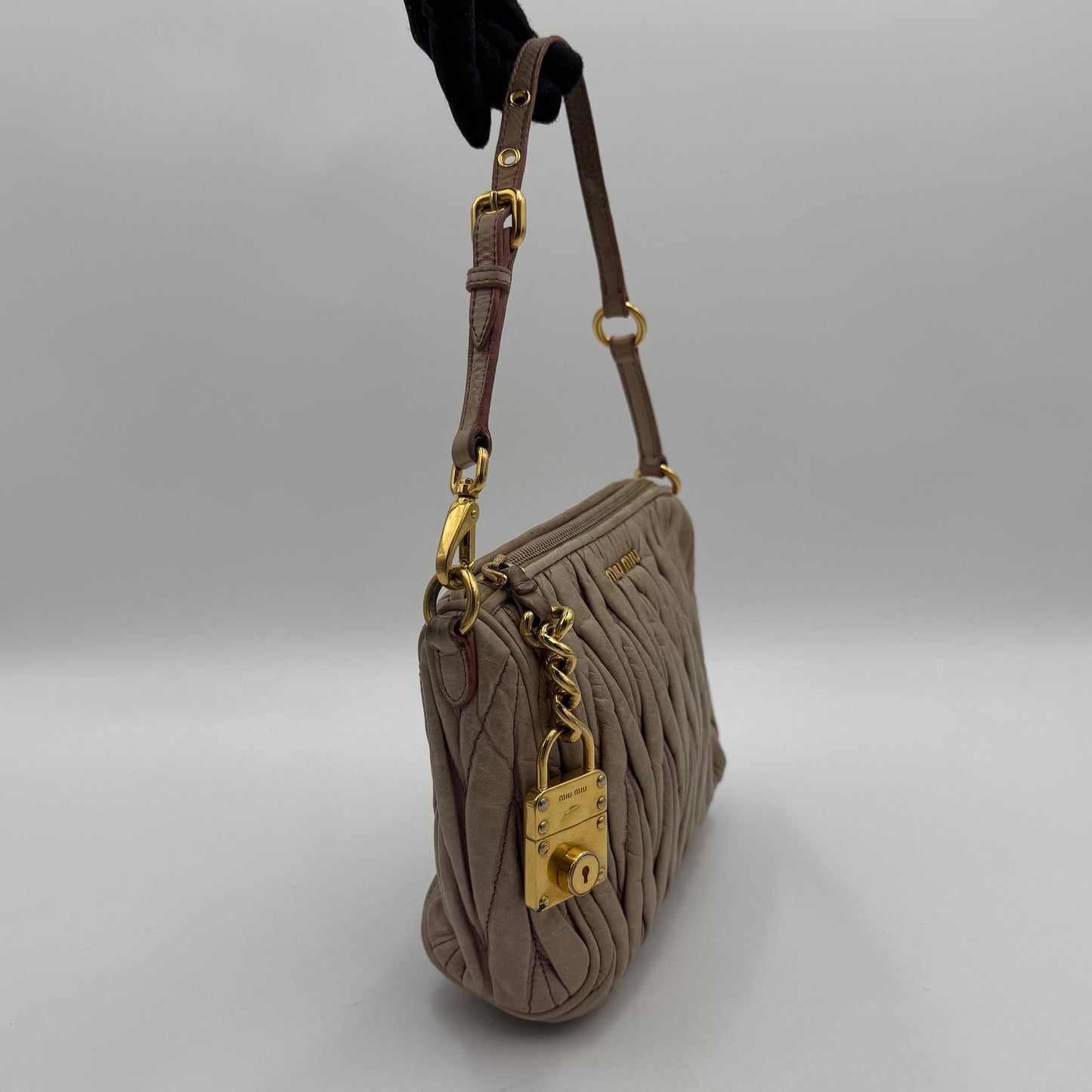 Miu Miu Mughetto Pink Matelasse Leather Lock Charm Pochette GHW