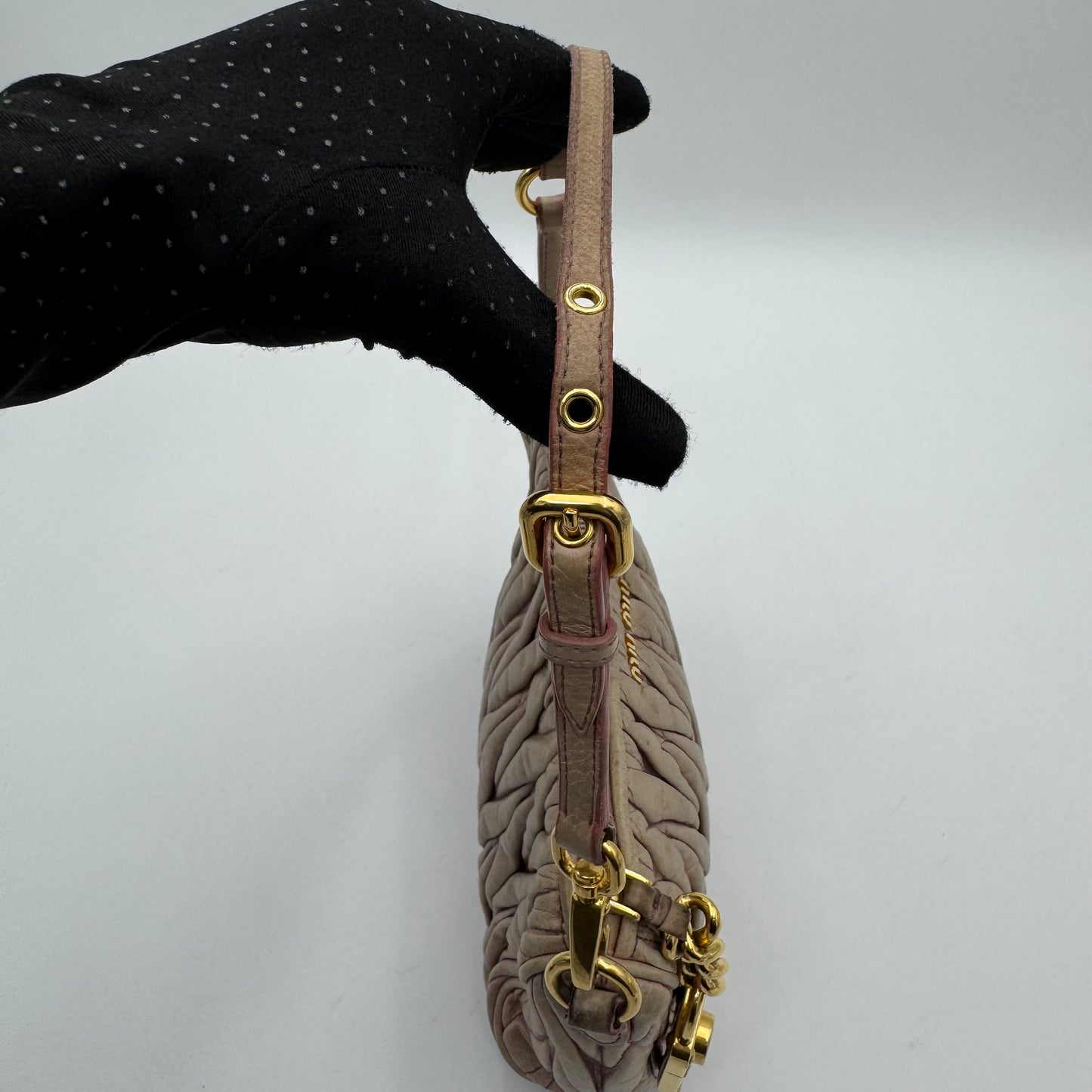 Miu Miu Mughetto Pink Matelasse Leather Lock Charm Pochette GHW