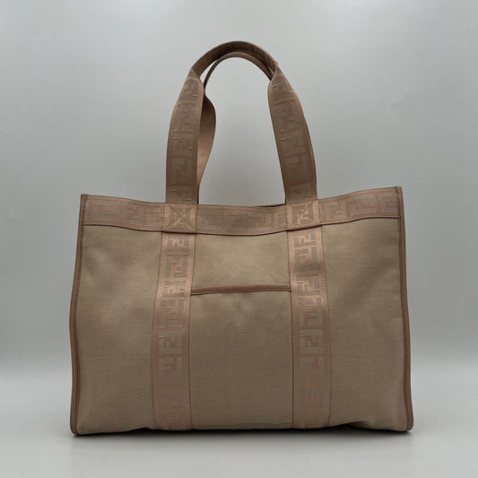 Fendi Beige Canvas Light Pink Zucca Trim Tote