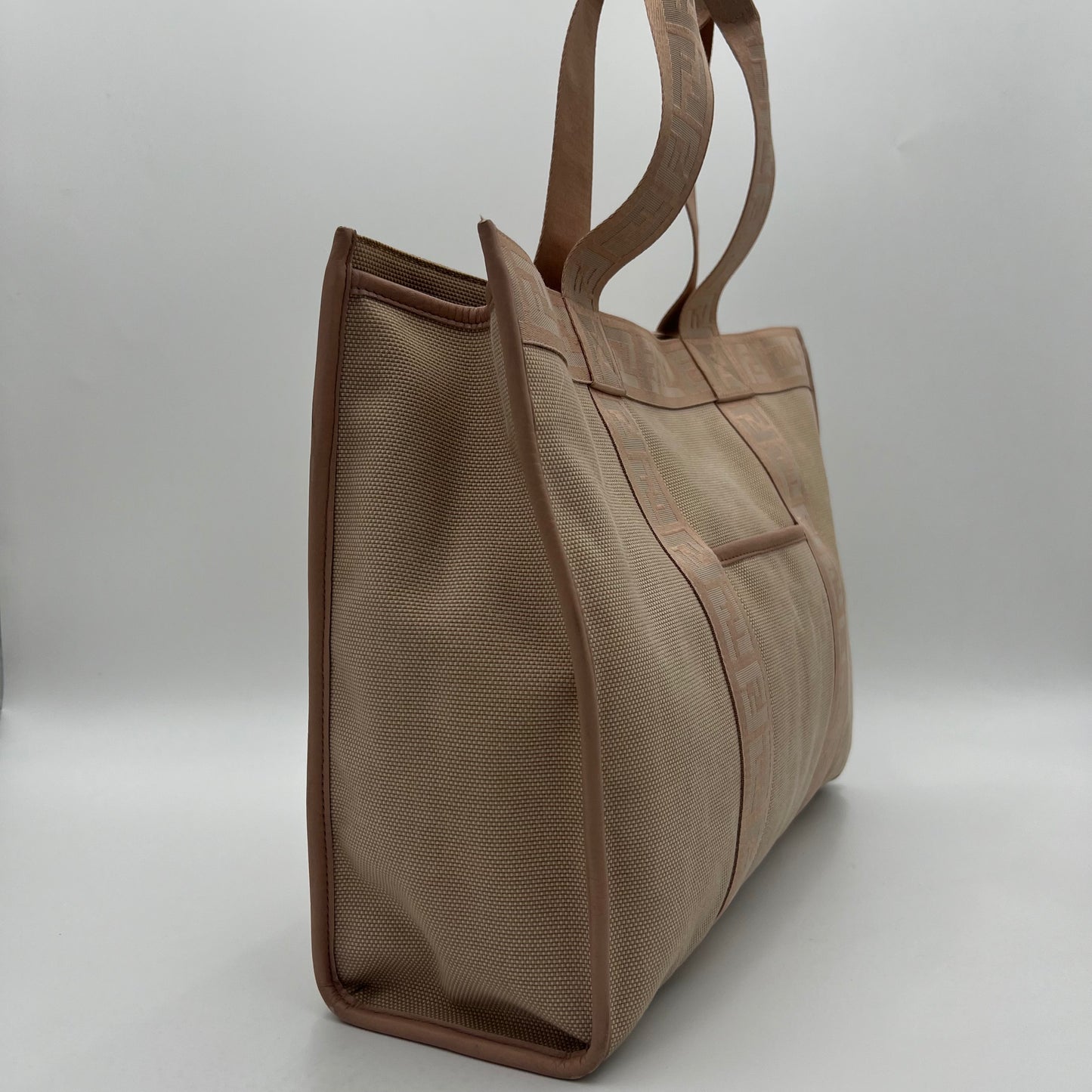 Fendi Beige Canvas Light Pink Zucca Trim Tote