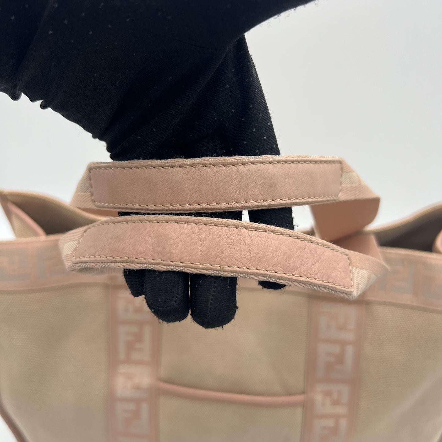 Fendi Beige Canvas Light Pink Zucca Trim Tote