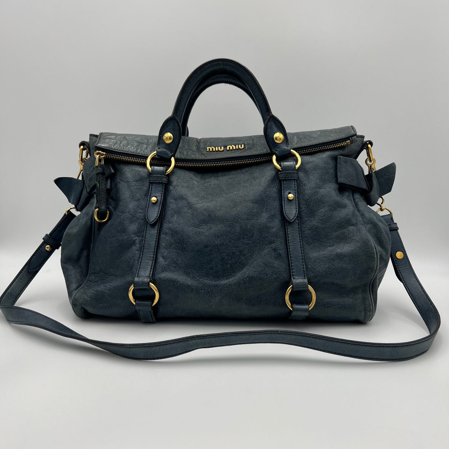 Miu Miu Blue Vitello Lux Bow Two-Way Handbag