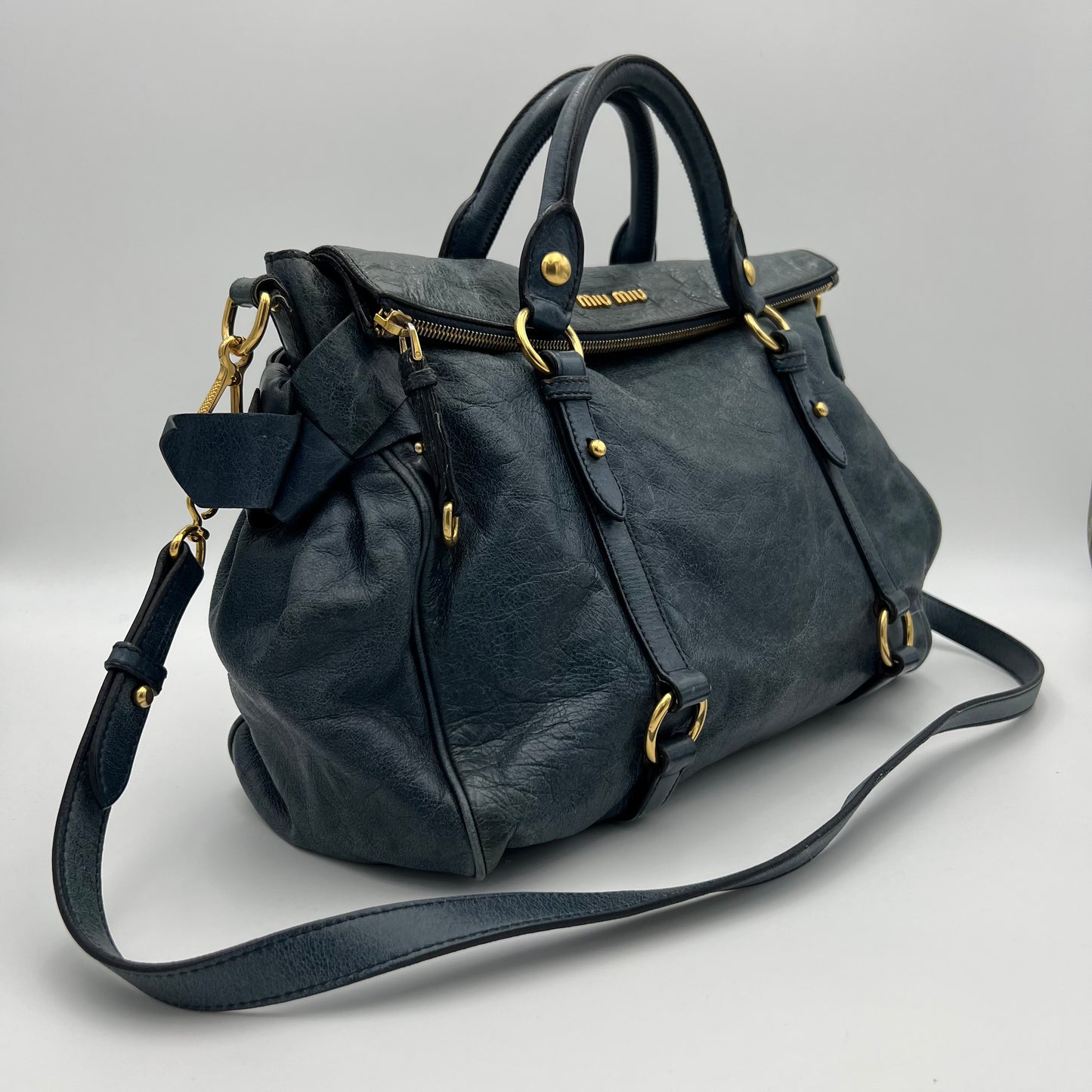 Miu Miu Blue Vitello Lux Bow Two-Way Handbag