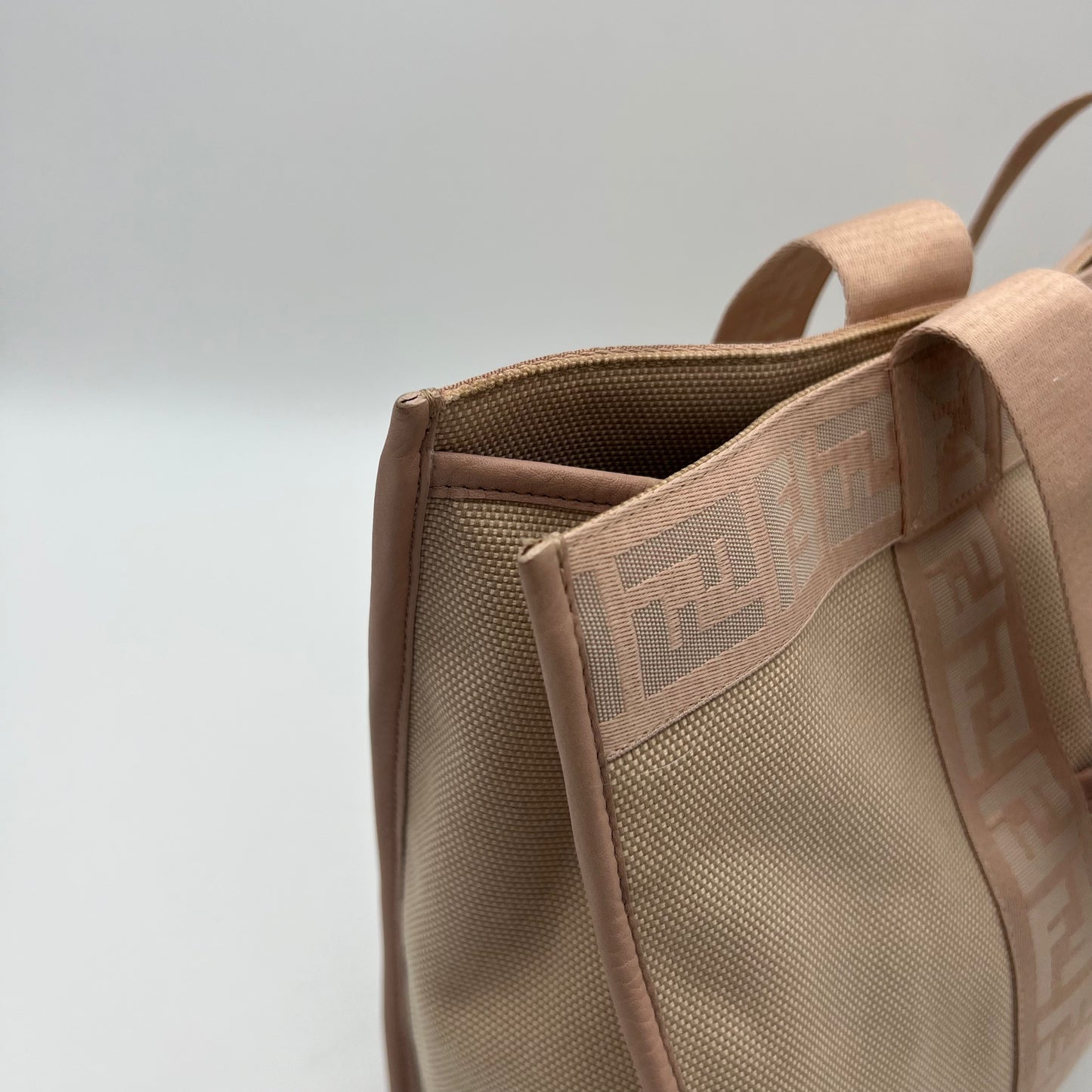 Fendi Beige Canvas Light Pink Zucca Trim Tote