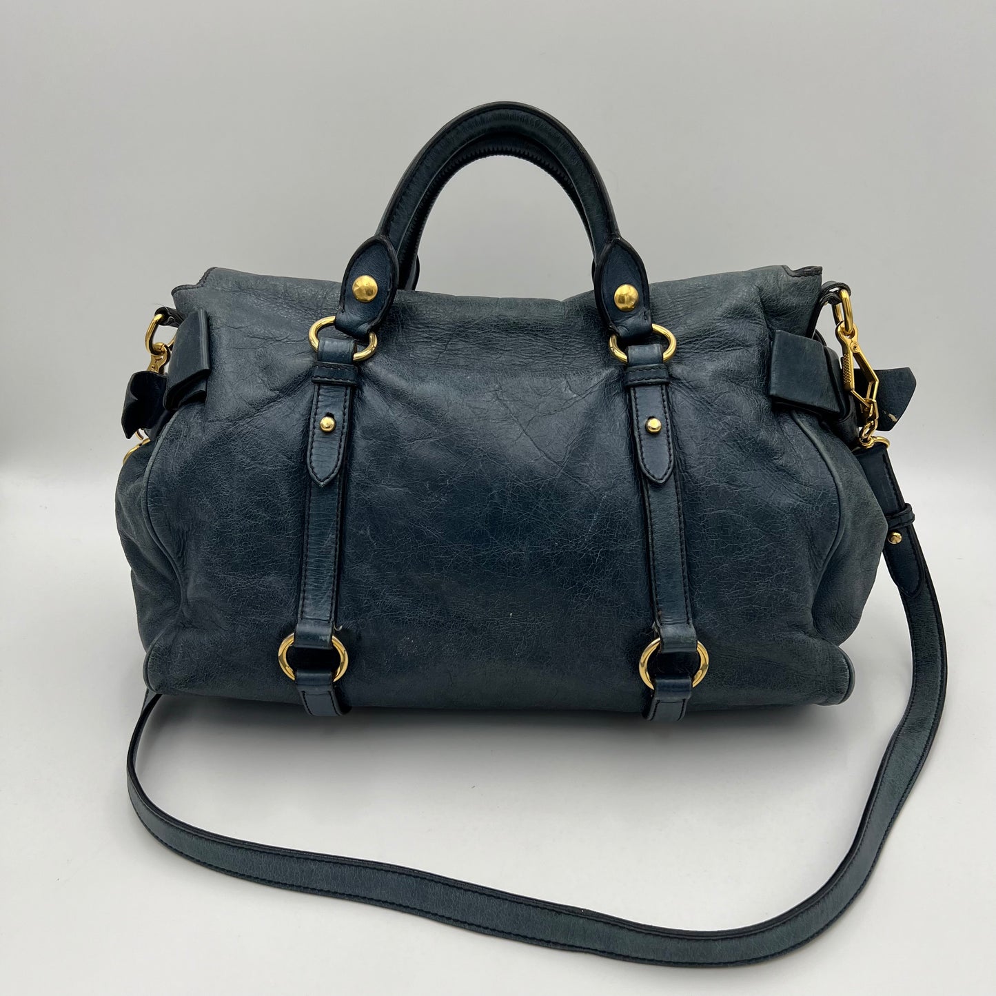 Miu Miu Blue Vitello Lux Bow Two-Way Handbag