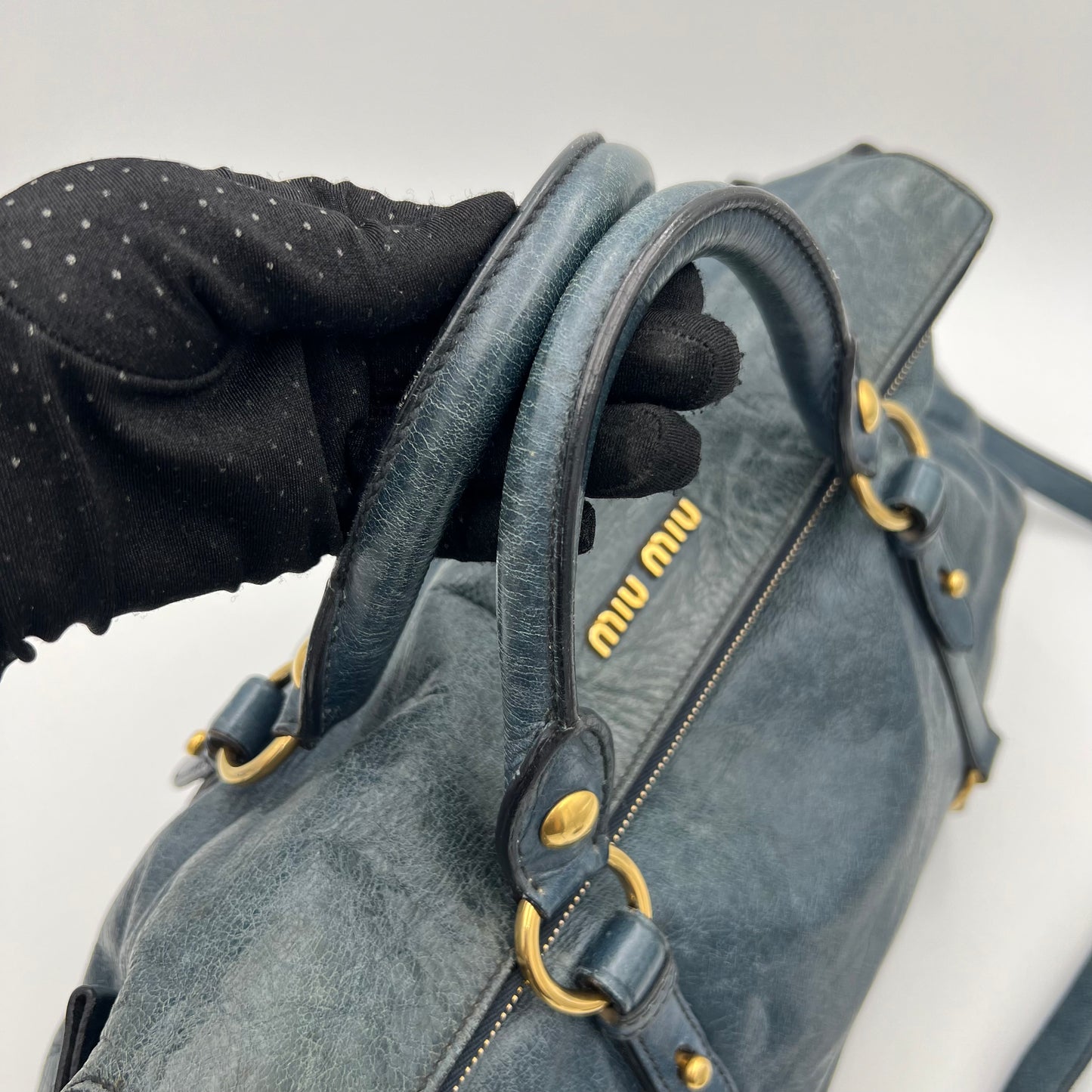 Miu Miu Blue Vitello Lux Bow Two-Way Handbag