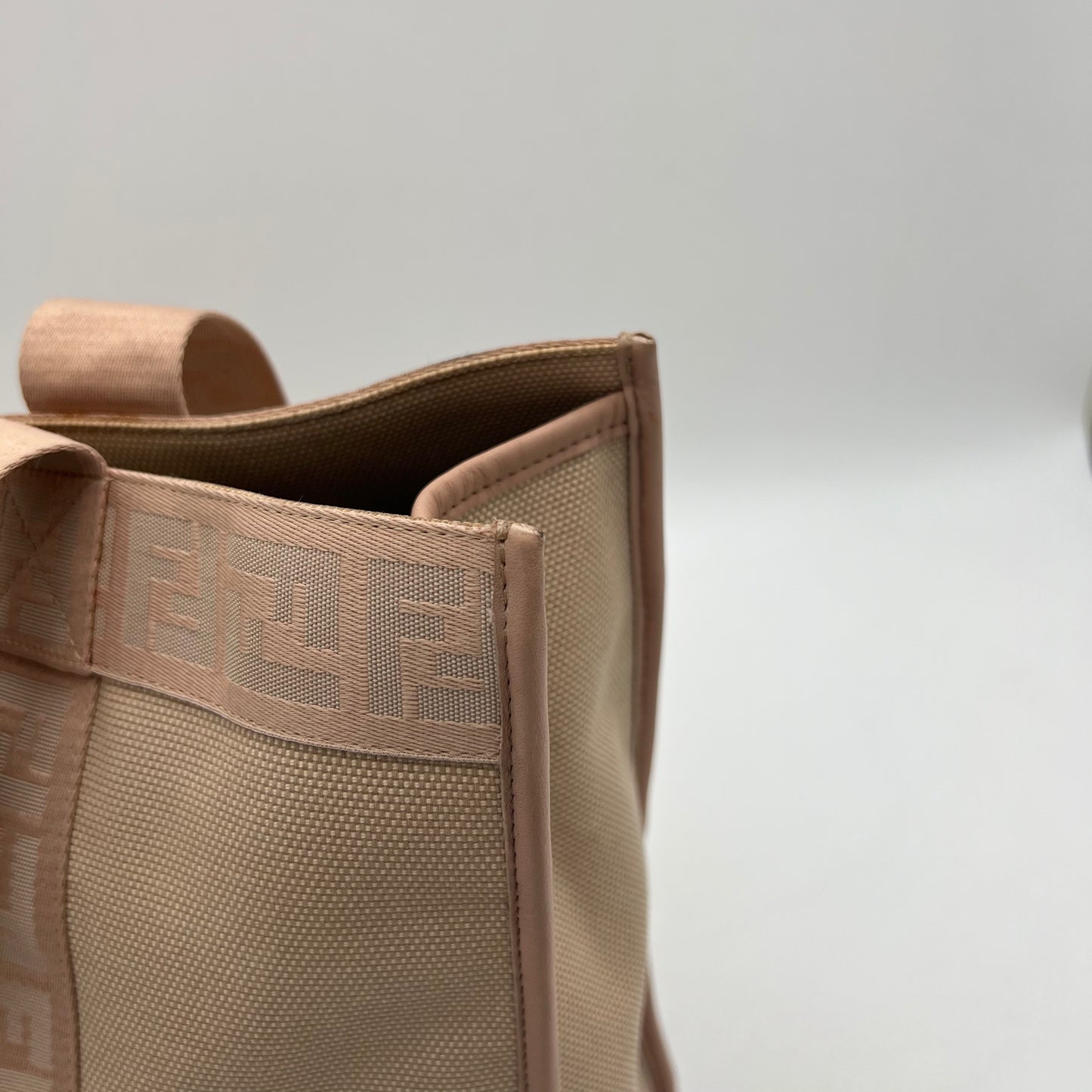 Fendi Beige Canvas Light Pink Zucca Trim Tote