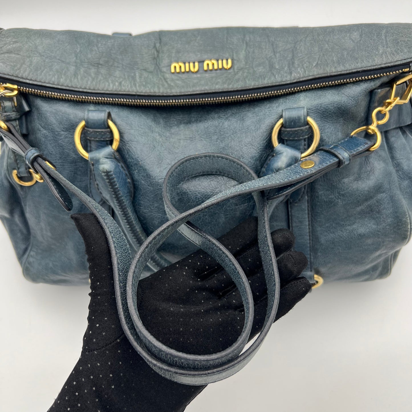 Miu Miu Blue Vitello Lux Bow Two-Way Handbag