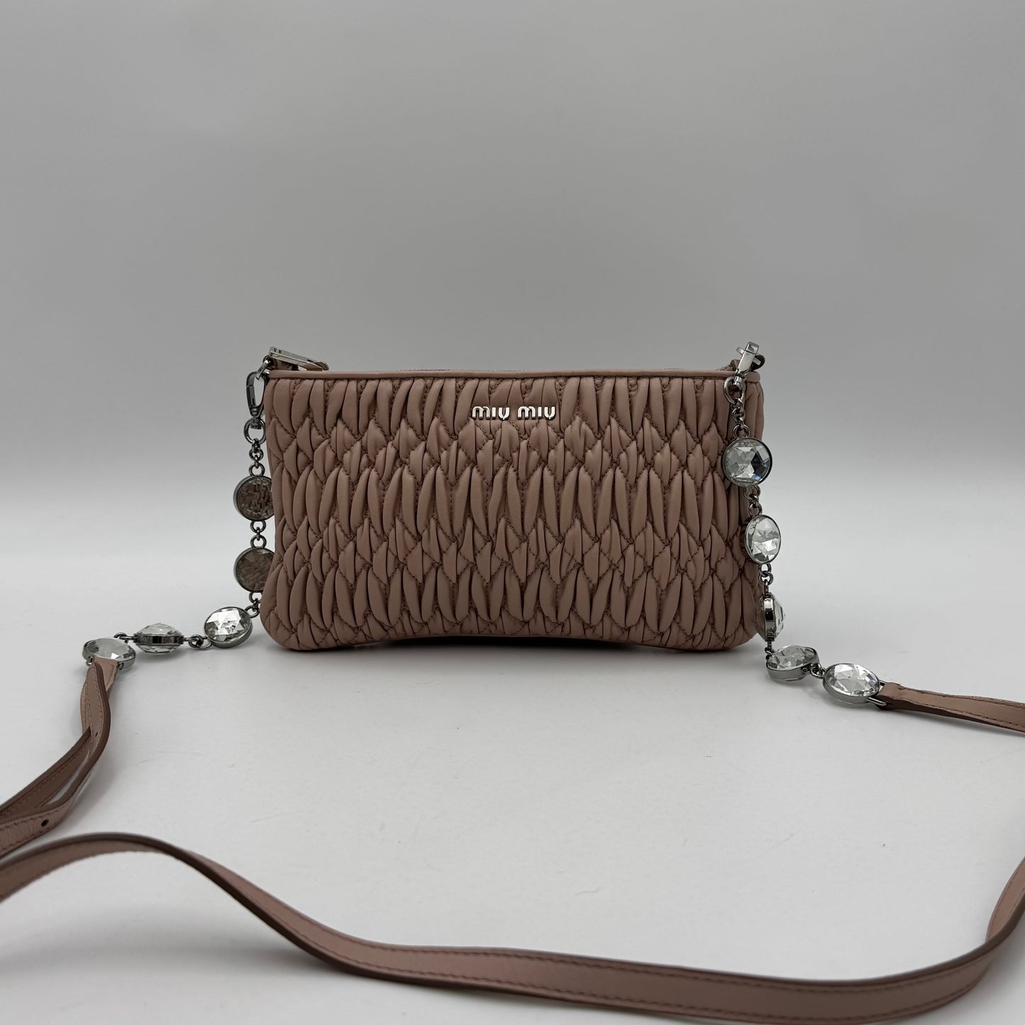 Miu Miu Nude Pink Matelasse Leather Crystal Crossbody