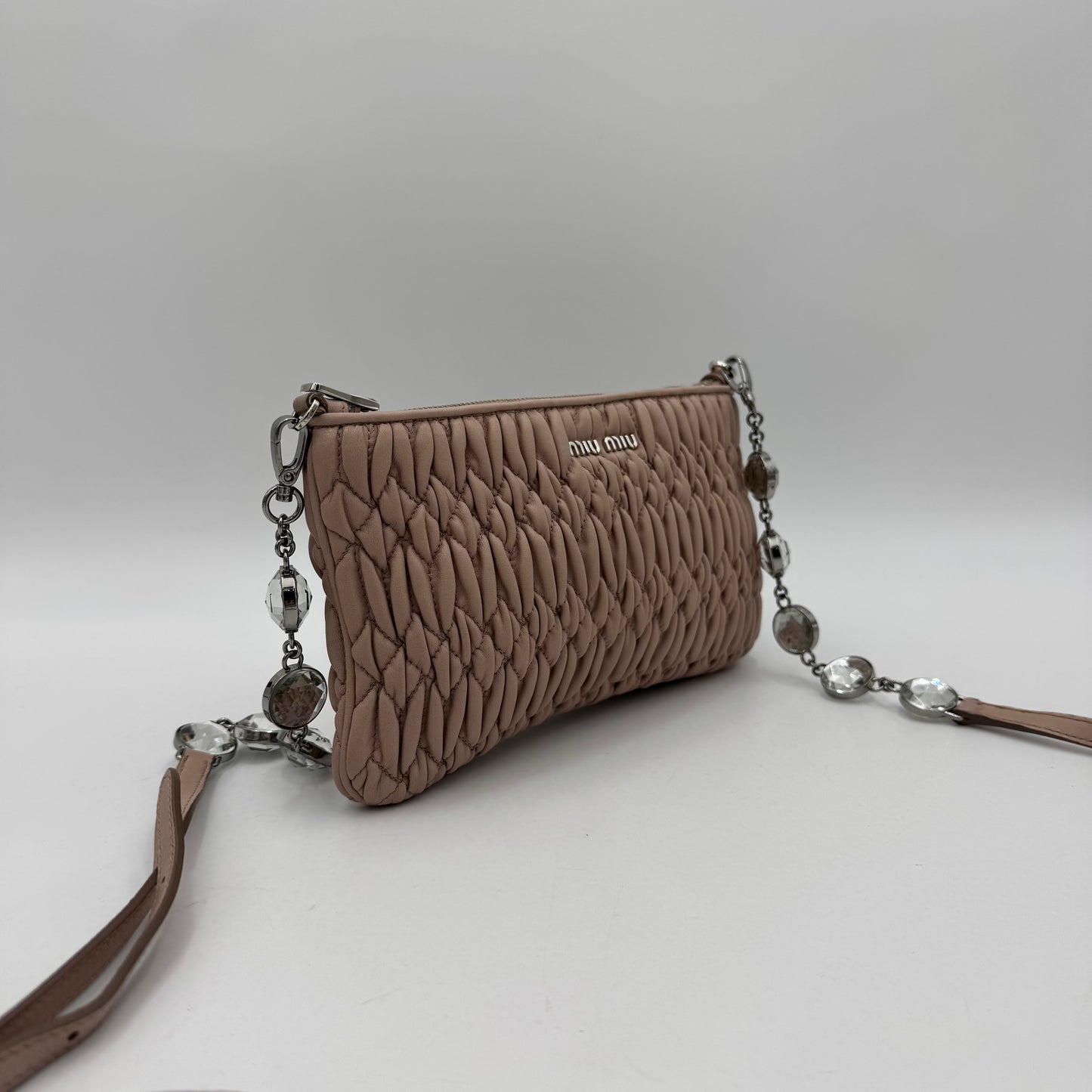 Miu Miu Nude Pink Matelasse Leather Crystal Crossbody