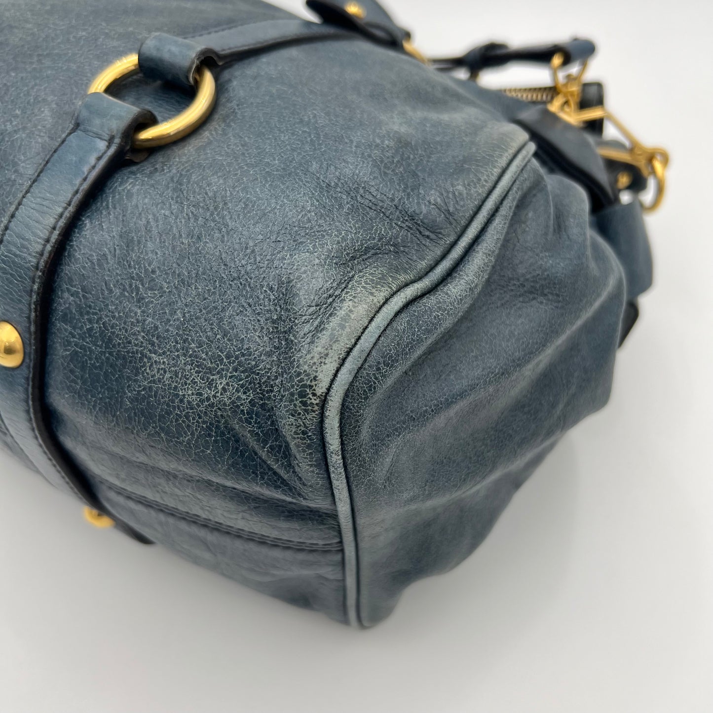 Miu Miu Blue Vitello Lux Bow Two-Way Handbag