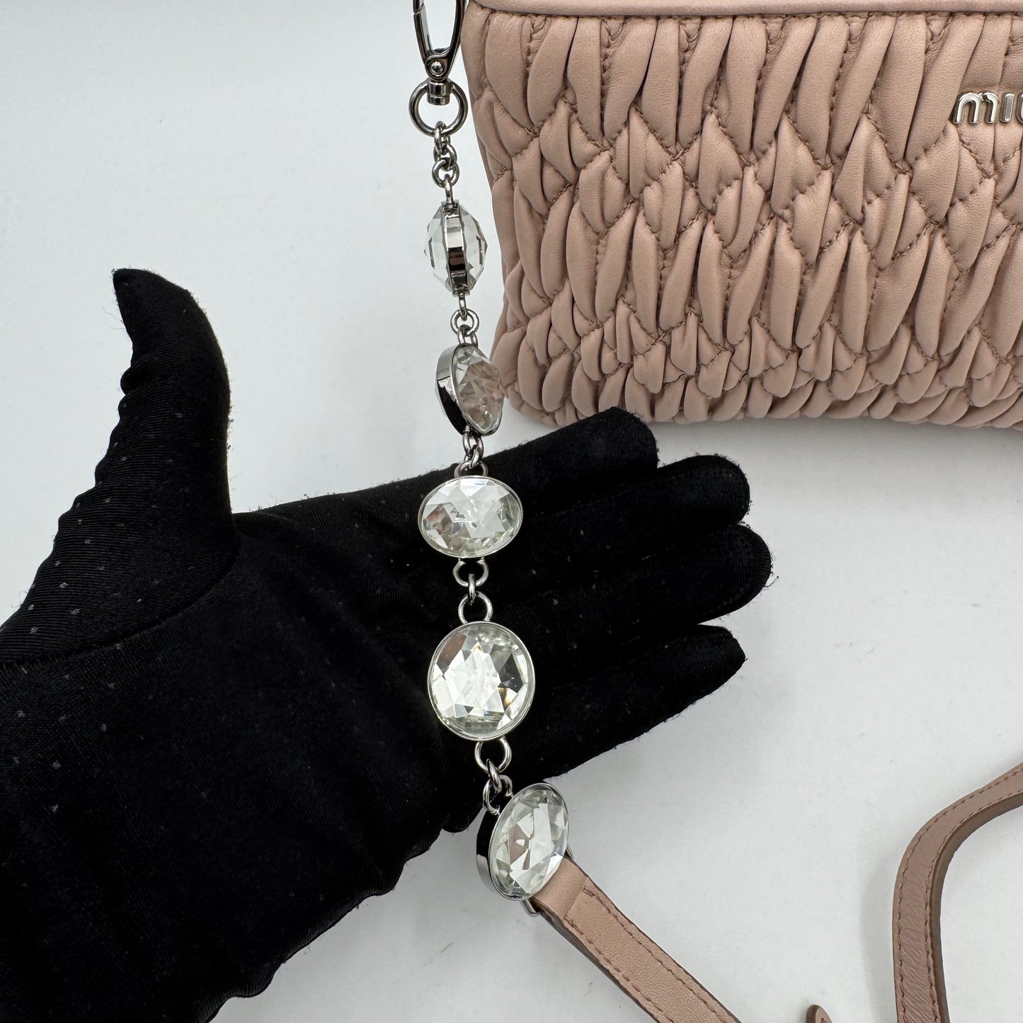 Miu Miu Nude Pink Matelasse Leather Crystal Crossbody