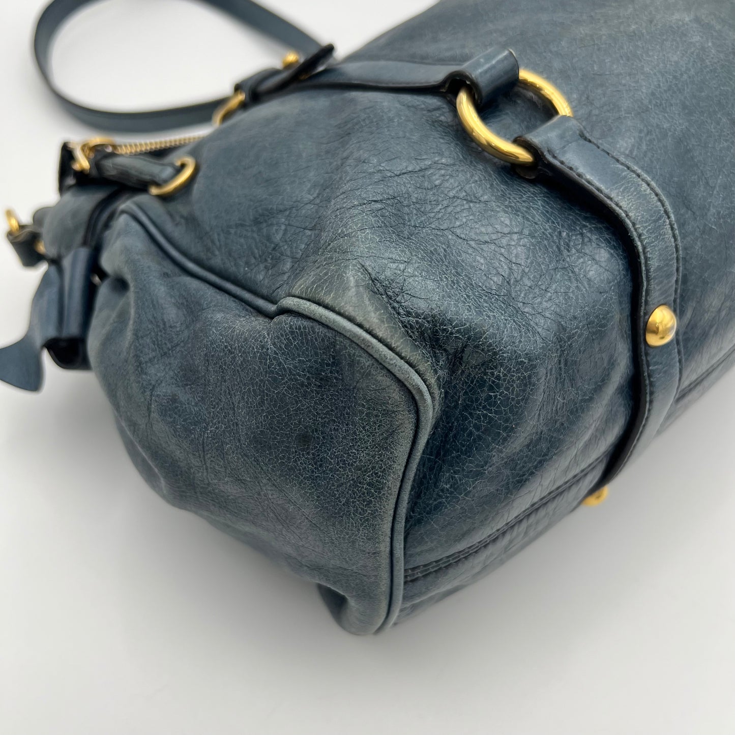 Miu Miu Blue Vitello Lux Bow Two-Way Handbag