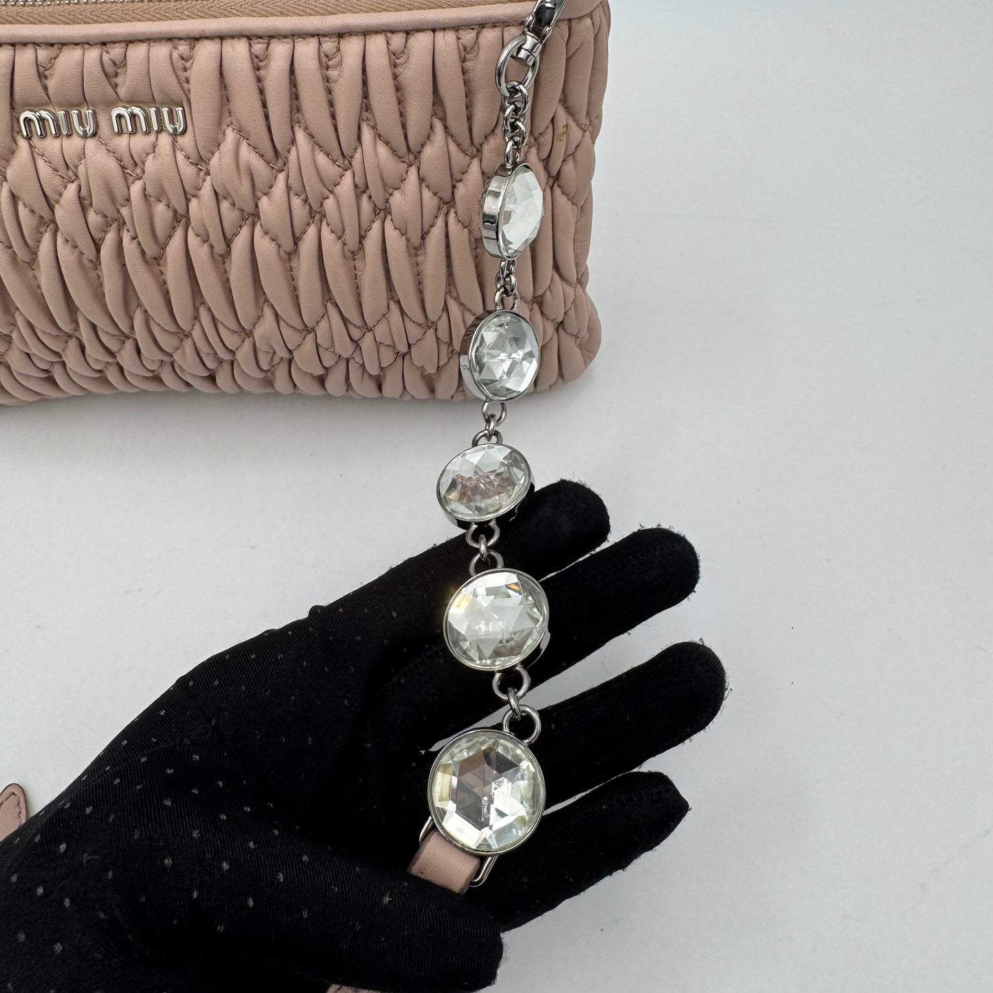 Miu Miu Nude Pink Matelasse Leather Crystal Crossbody