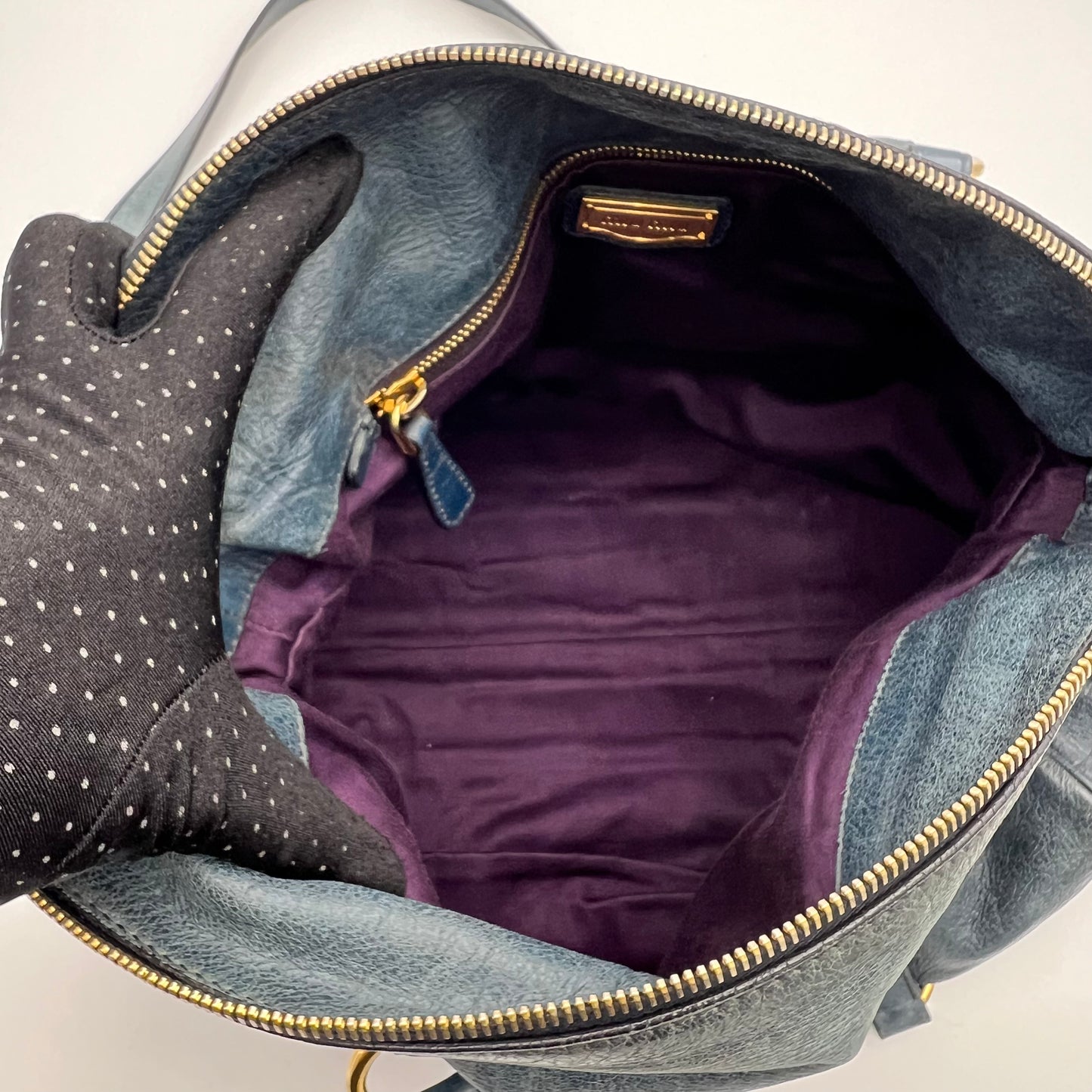 Miu Miu Blue Vitello Lux Bow Two-Way Handbag