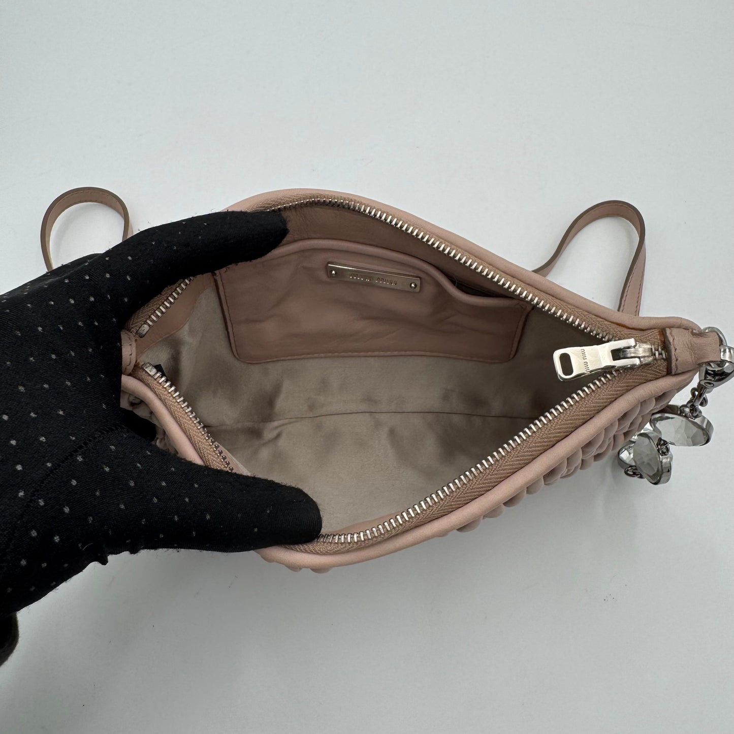 Miu Miu Nude Pink Matelasse Leather Crystal Crossbody
