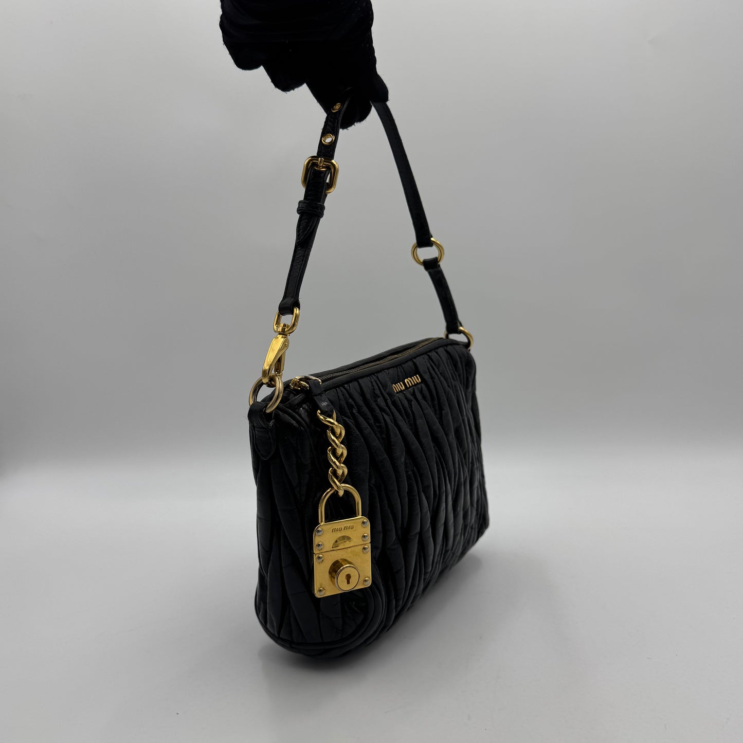 Miu Miu Black Matelasse Leather Lock Charm Pochette GHW