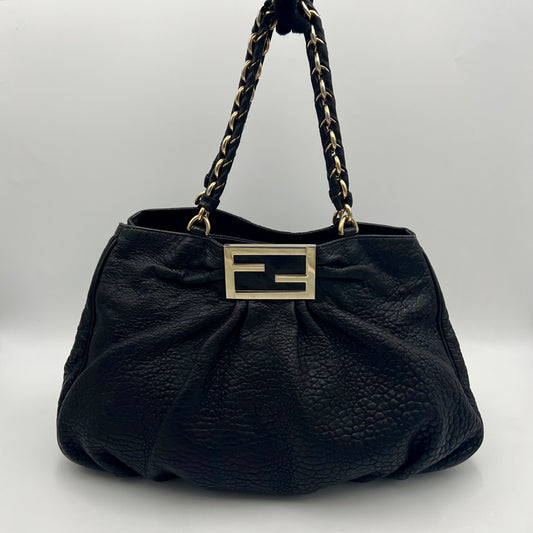 Fendi Black Pebbled Leather Mia Tote GHW