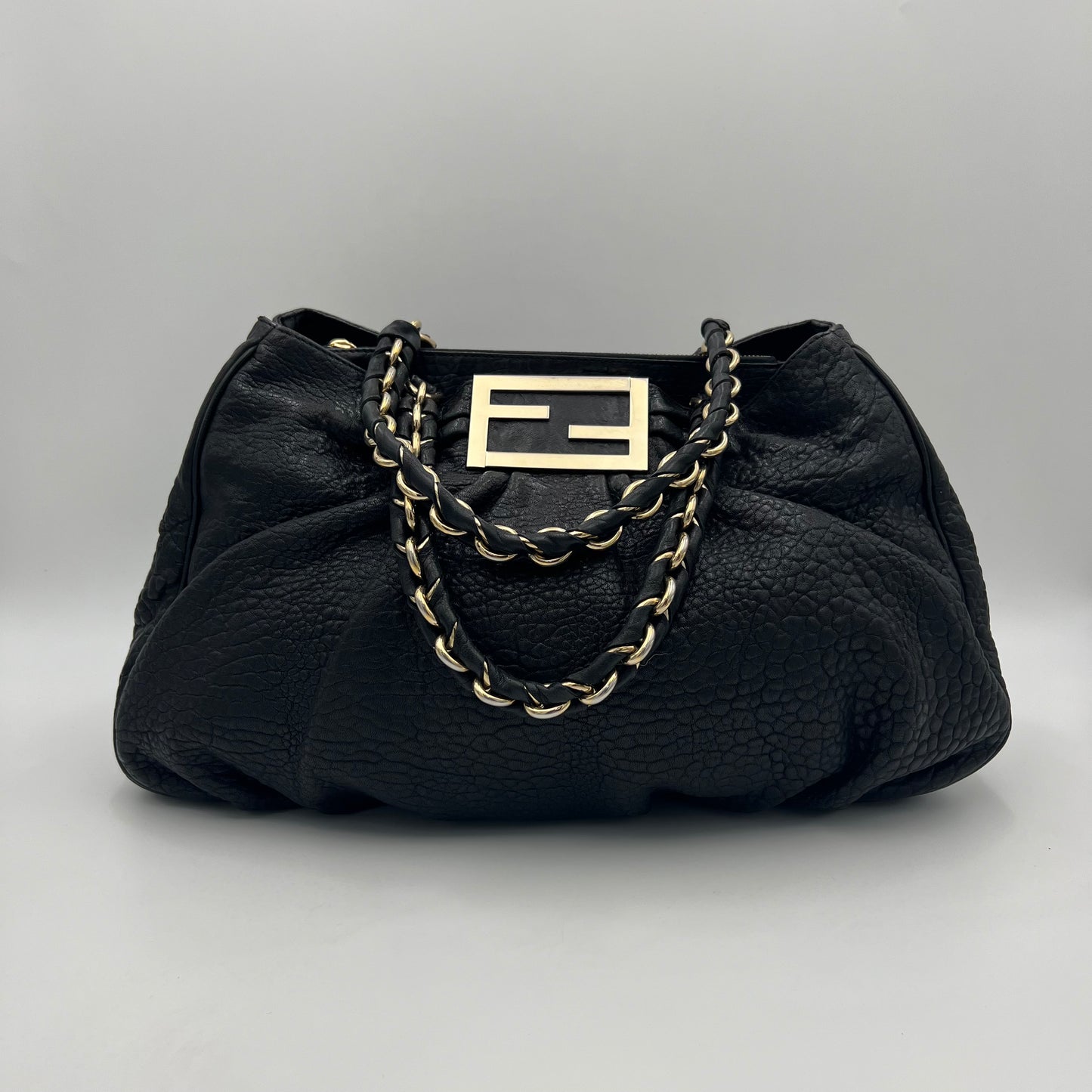 Fendi Black Pebbled Leather Mia Tote GHW