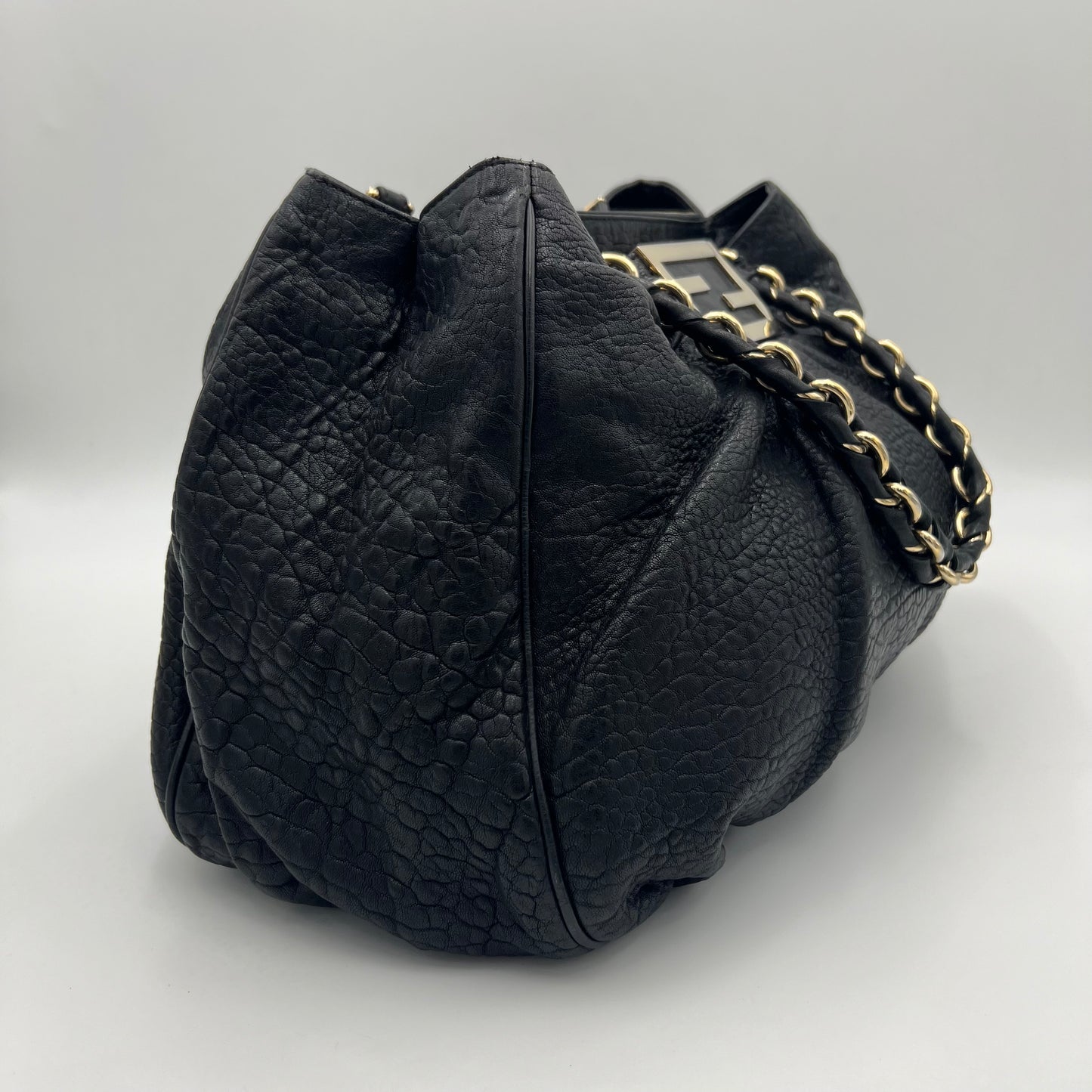Fendi Black Pebbled Leather Mia Tote GHW